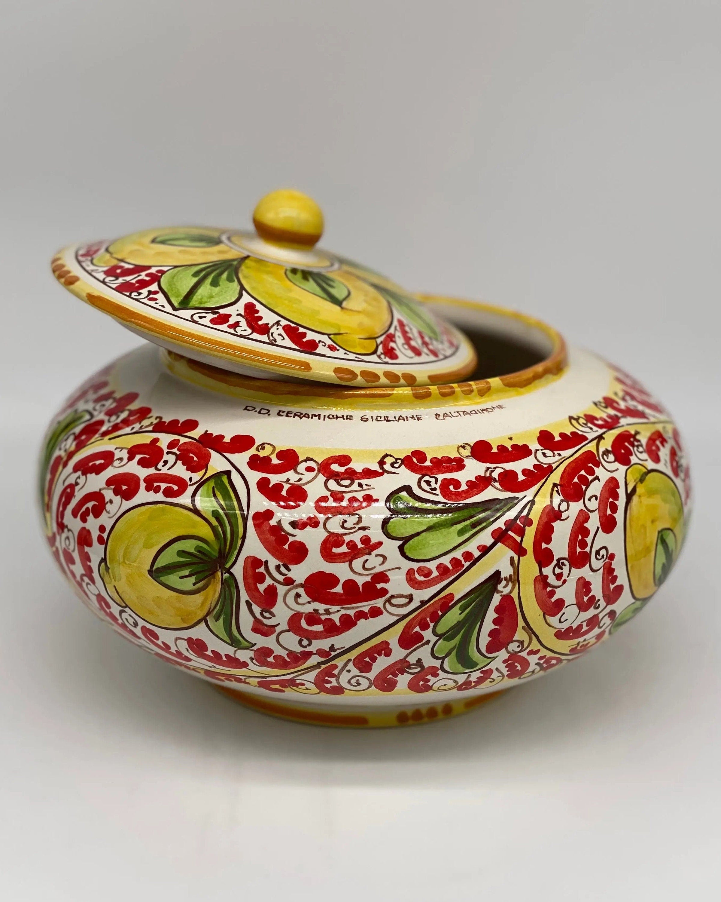 Biscottiera Decorata 600 Limoni Ceramica Caltagirone cm H.18 L.24 Artigianale DD CERAMICHE SICILIANE