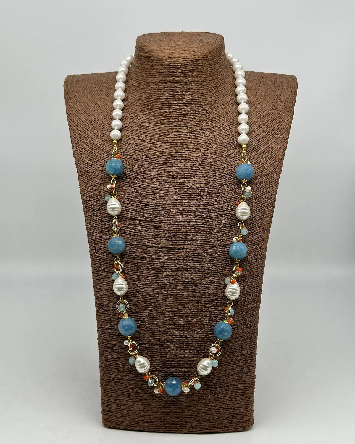 Collana Artigianale Pietre Azzurre, Corallo e Perle bianche V.1 DD CERAMICHE SICILIANE