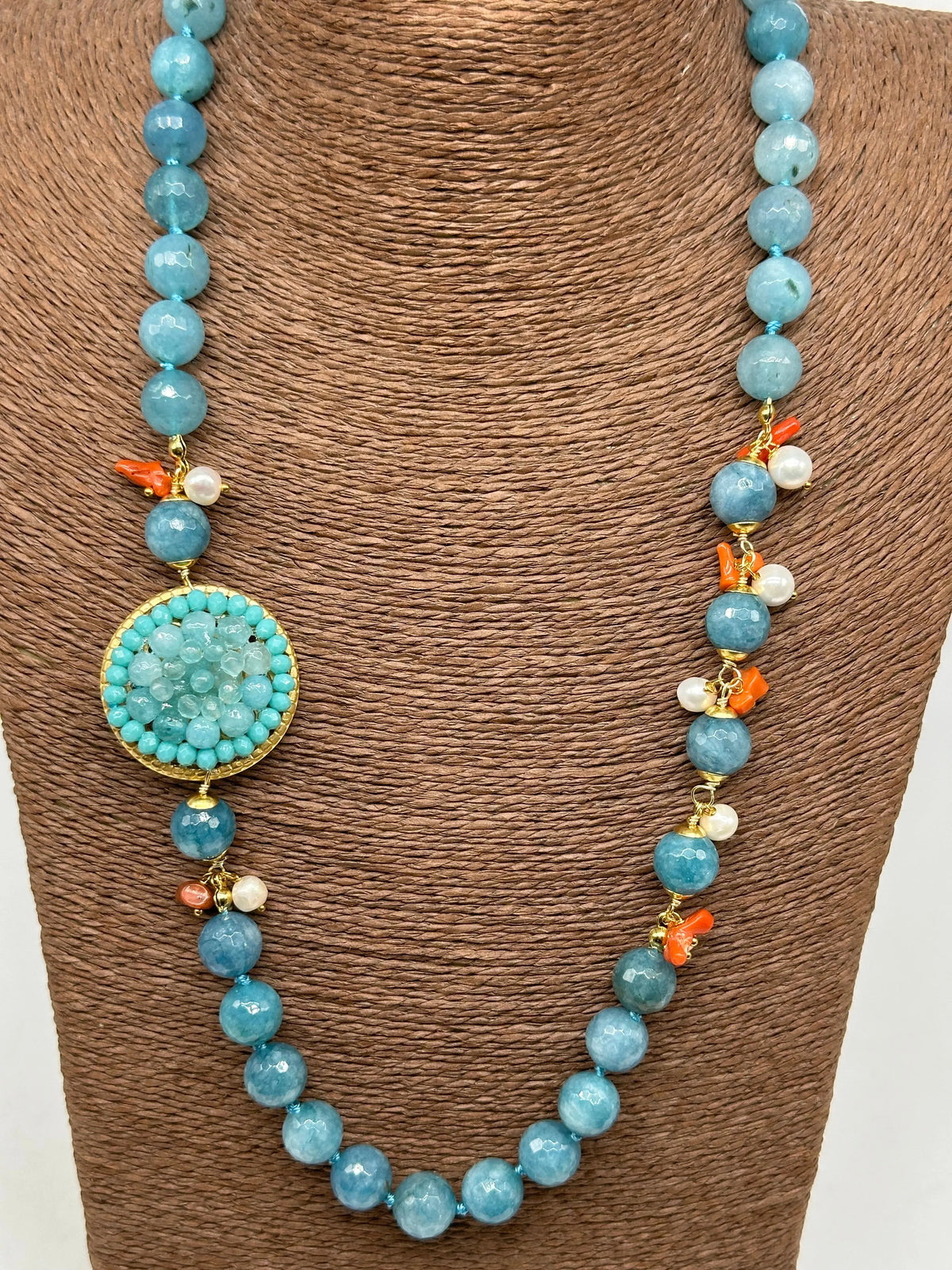 Collana Artigianale Pietre Azzurre, Corallo e Perle bianche V.2 DD CERAMICHE SICILIANE