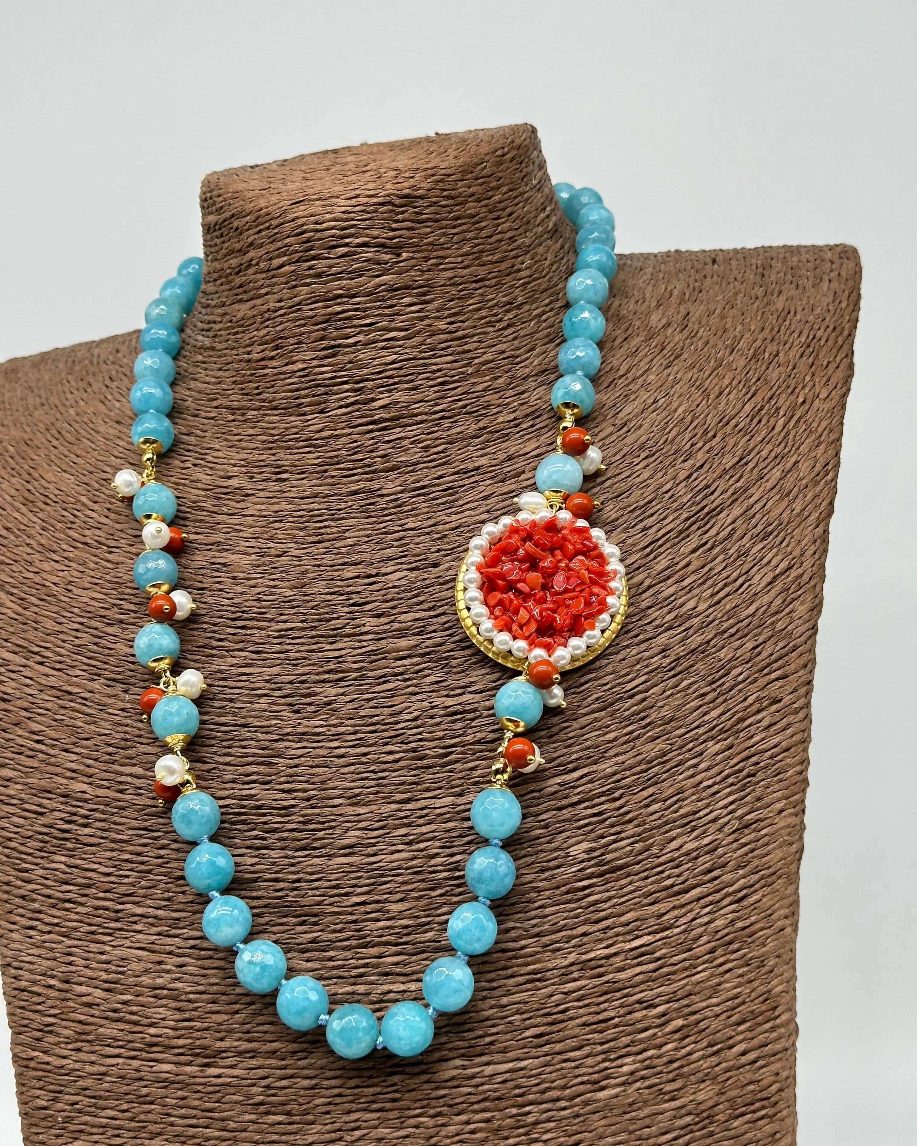 Collana Ceramica di Caltagirone Medaglione Corallo e Perle V.3 DD CERAMICHE SICILIANE