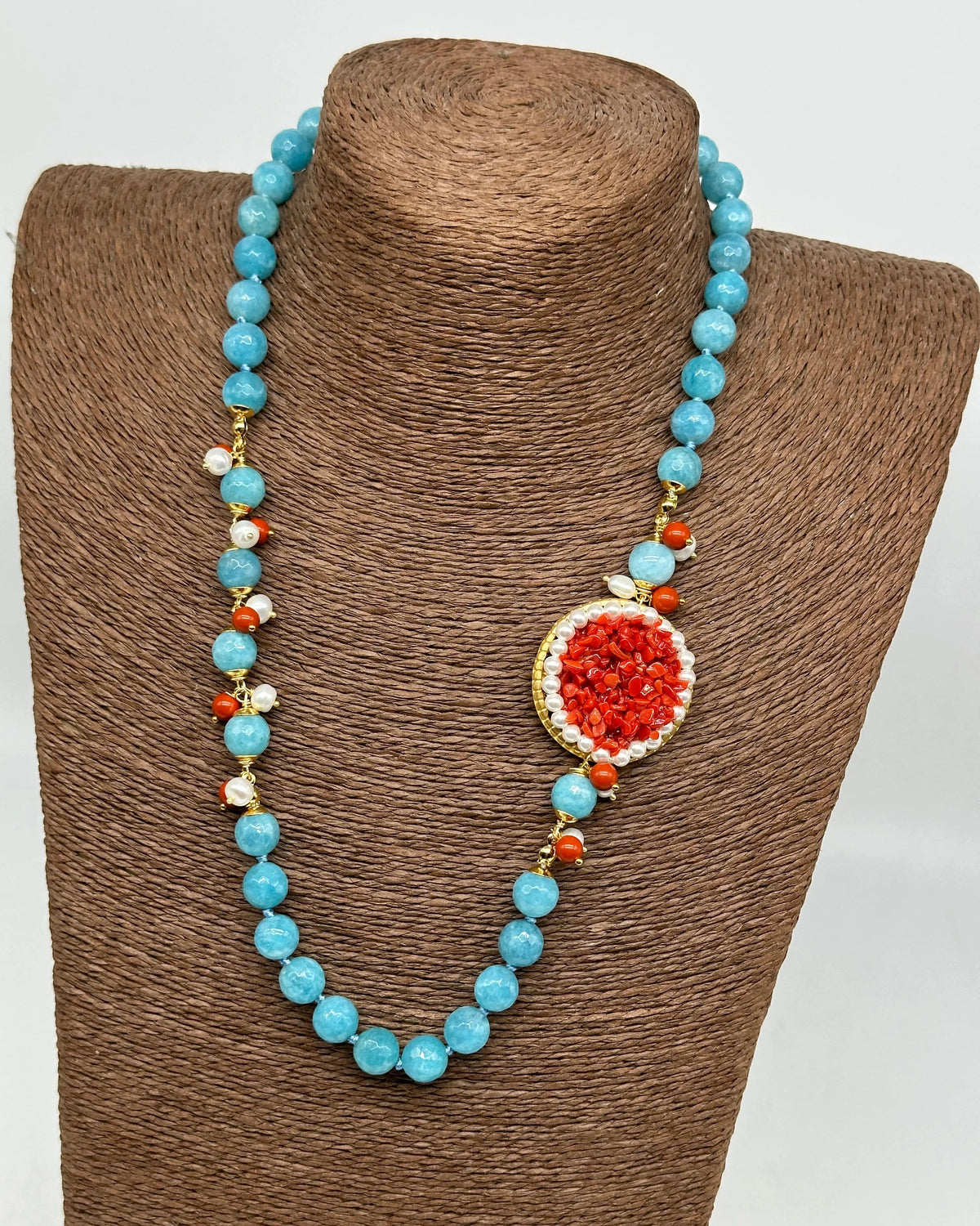 Collana Ceramica di Caltagirone Medaglione Corallo e Perle V.3 DD CERAMICHE SICILIANE