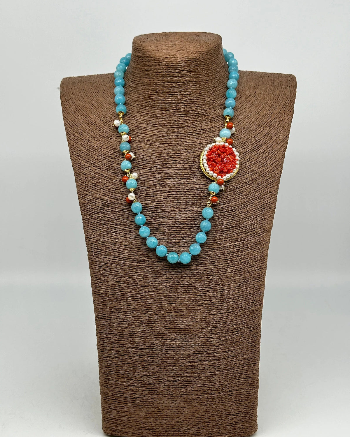 Collana Ceramica di Caltagirone Medaglione Corallo e Perle V.3 DD CERAMICHE SICILIANE