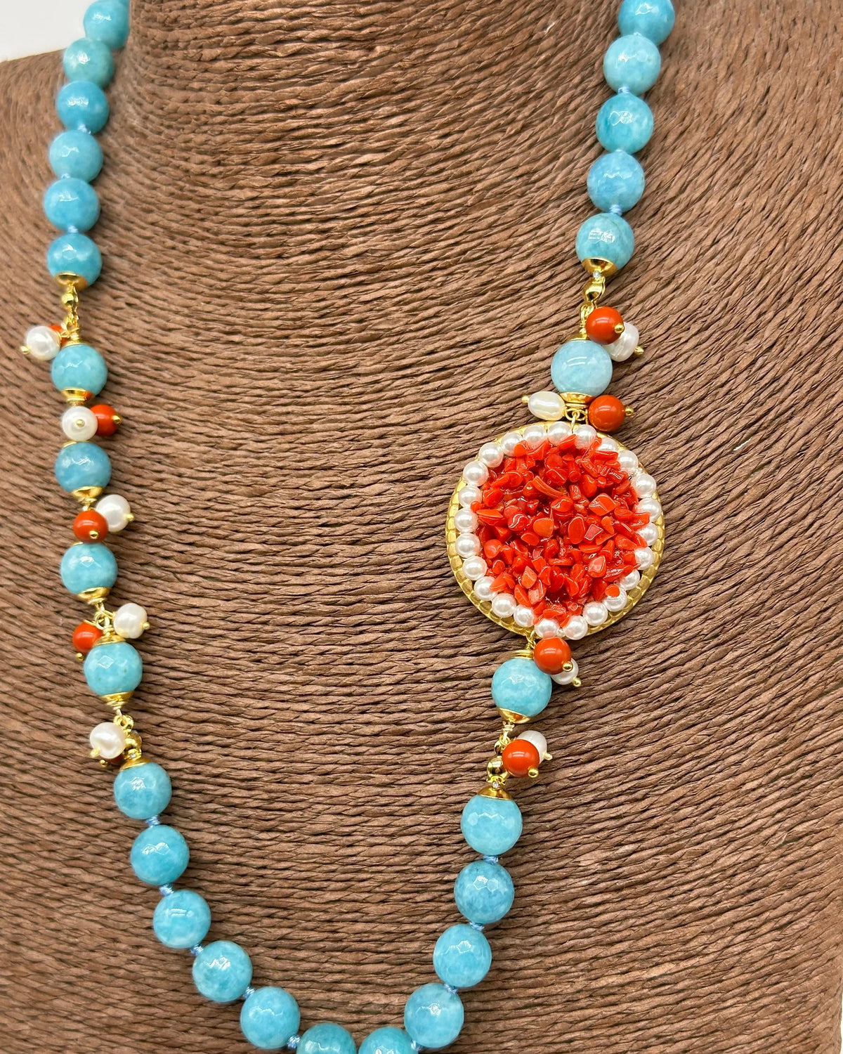 Collana Ceramica di Caltagirone Medaglione Corallo e Perle V.3 DD CERAMICHE SICILIANE
