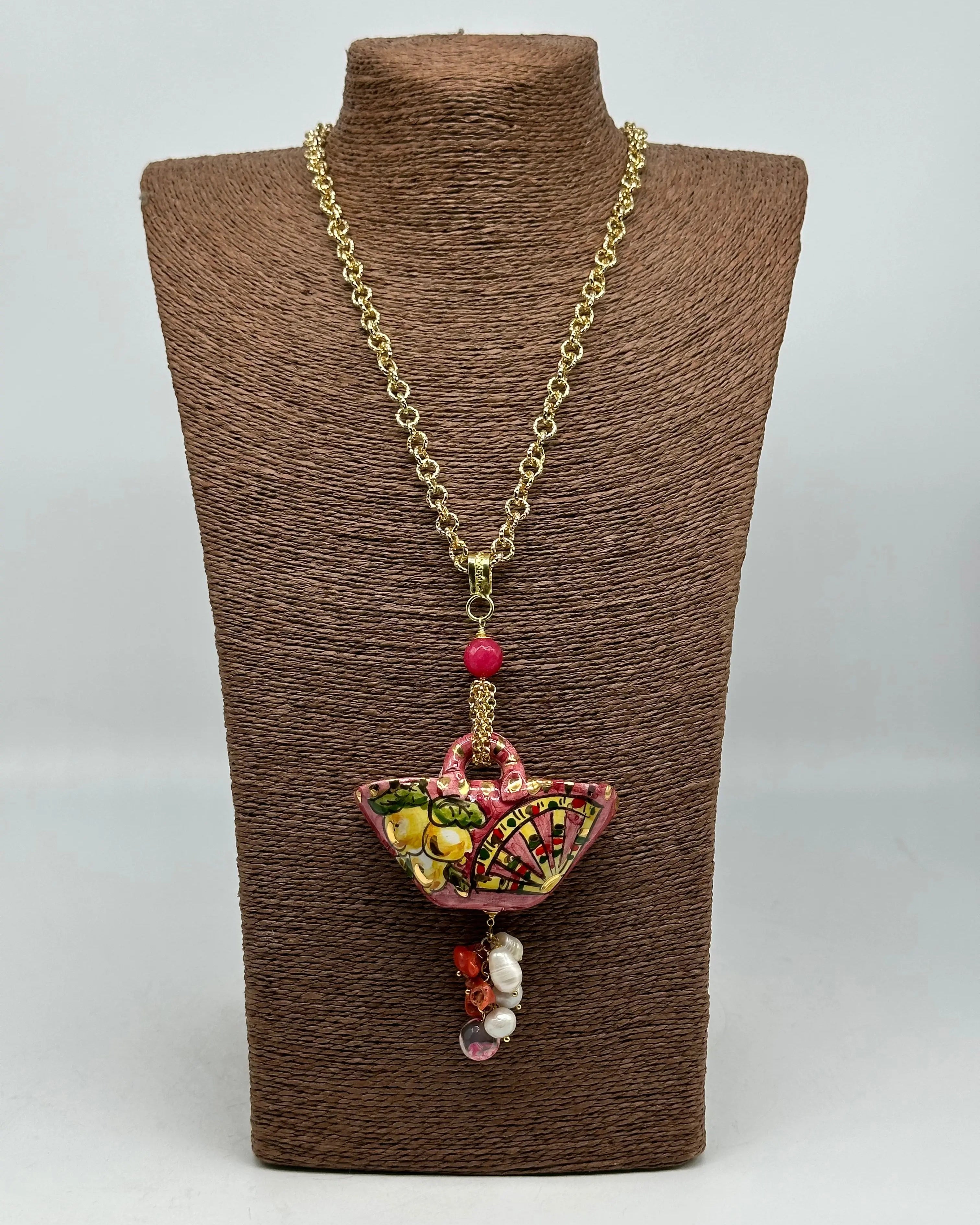 Collana Coffa Siciliana decorata Carretto Siciliano Ceramica di Caltagirone V.2 DD CERAMICHE SICILIANE