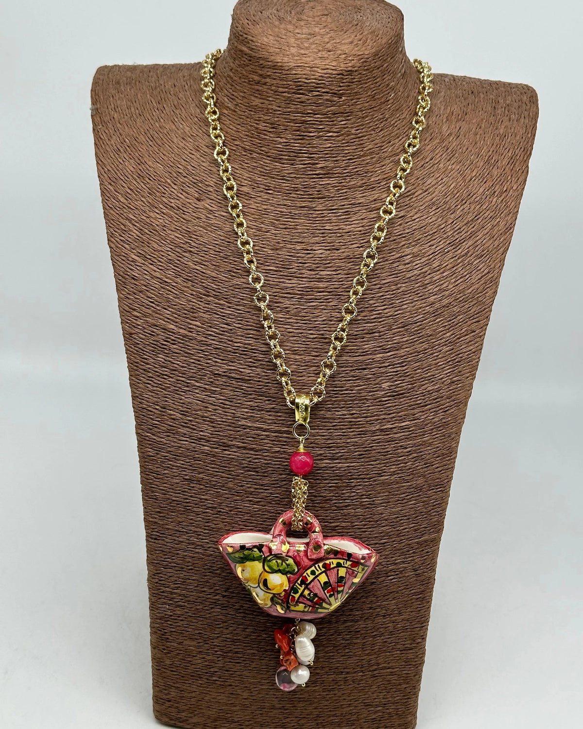 Collana Coffa Siciliana decorata Carretto Siciliano Ceramica di Caltagirone V.2 DD CERAMICHE SICILIANE