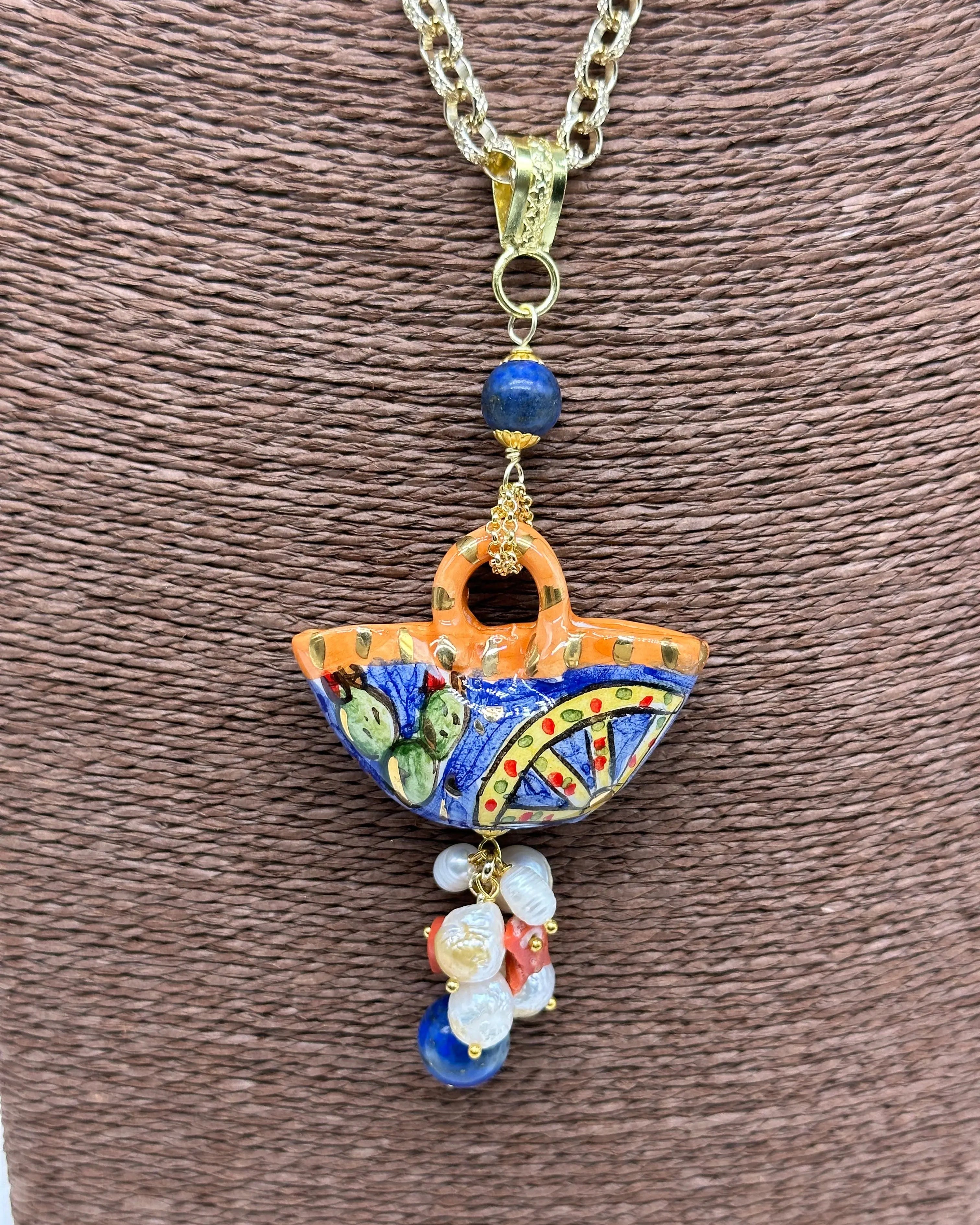 Collana Coffa Siciliana decorata Carretto Siciliano Ceramica di Caltagirone V.1 DD CERAMICHE SICILIANE