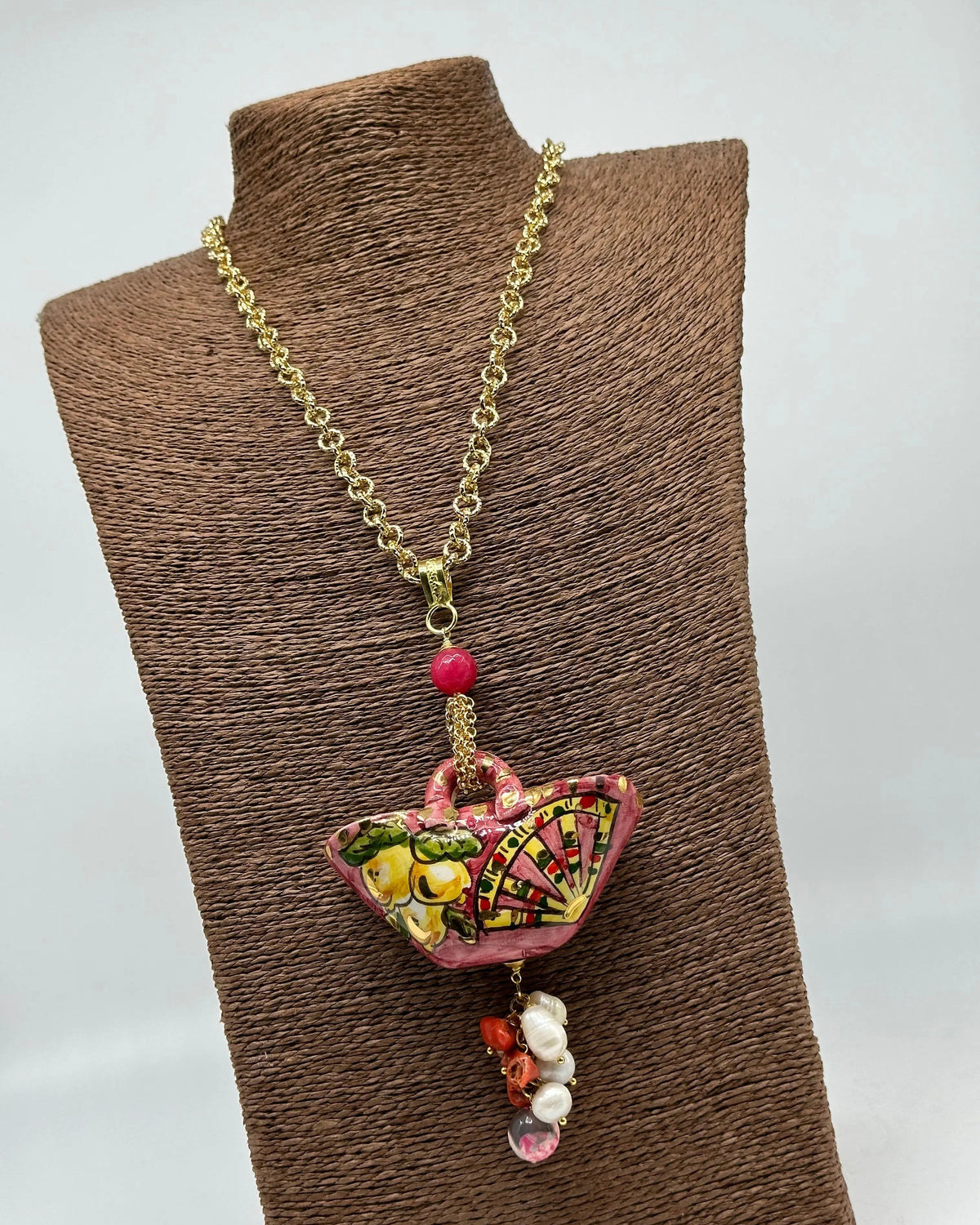 Collana Coffa Siciliana decorata Carretto Siciliano Ceramica di Caltagirone V.2 DD CERAMICHE SICILIANE