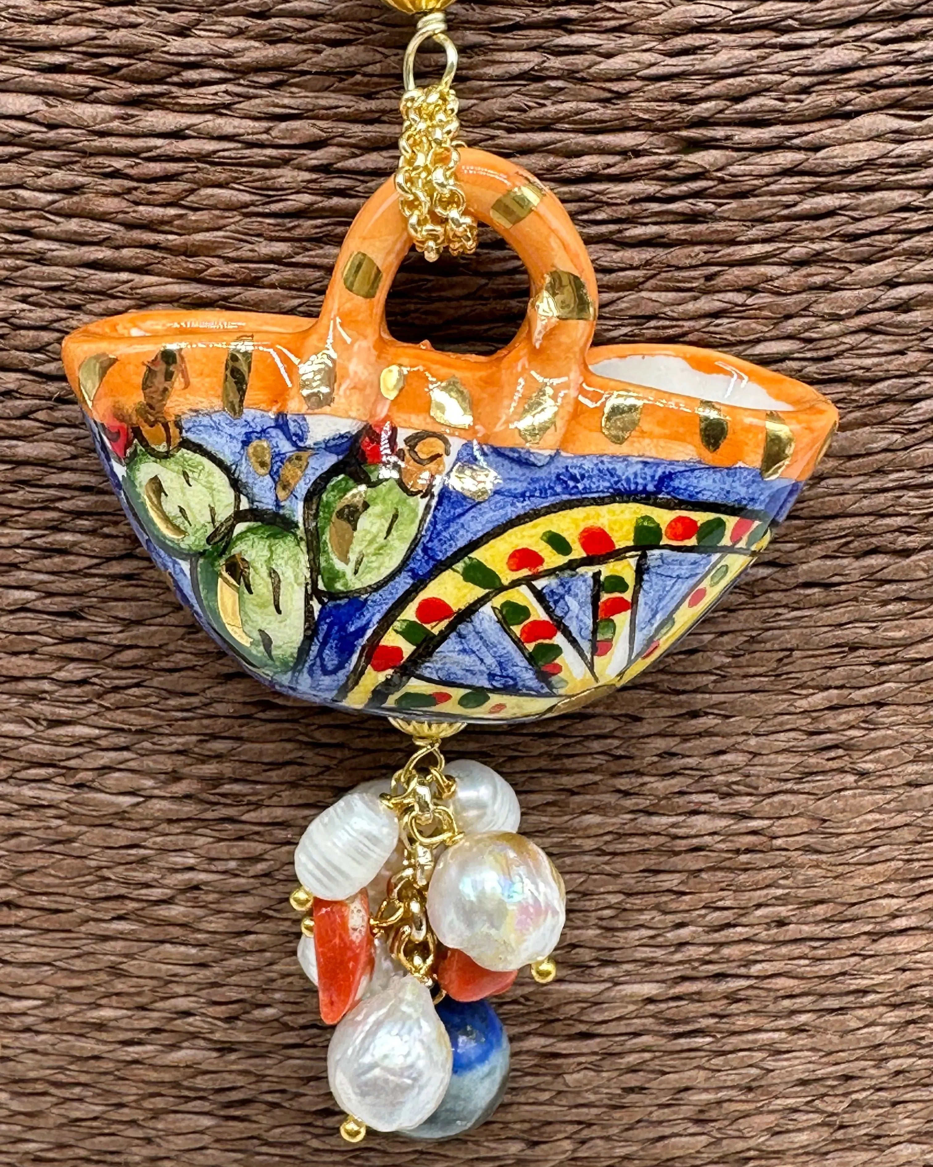 Collana Coffa Siciliana decorata Carretto Siciliano Ceramica di Caltagirone V.1 DD CERAMICHE SICILIANE