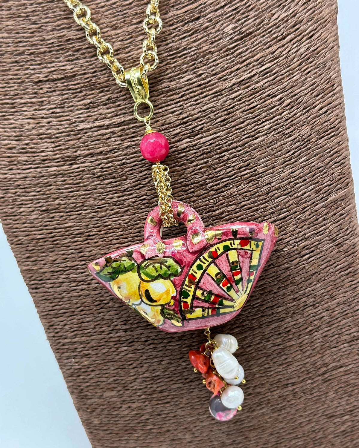Collana Coffa Siciliana decorata Carretto Siciliano Ceramica di Caltagirone V.2 DD CERAMICHE SICILIANE
