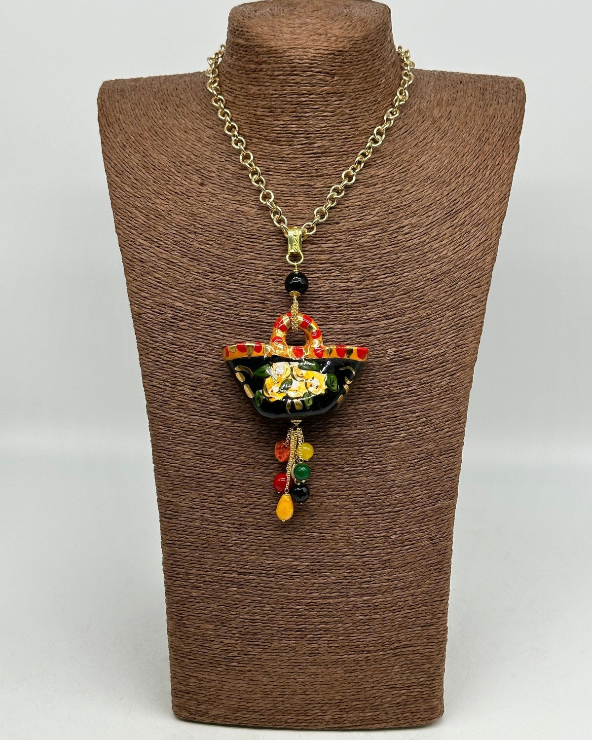 Collana Coffa Siciliana decorata Nero Ceramica di Caltagirone - DD CERAMICHE SICILIANE