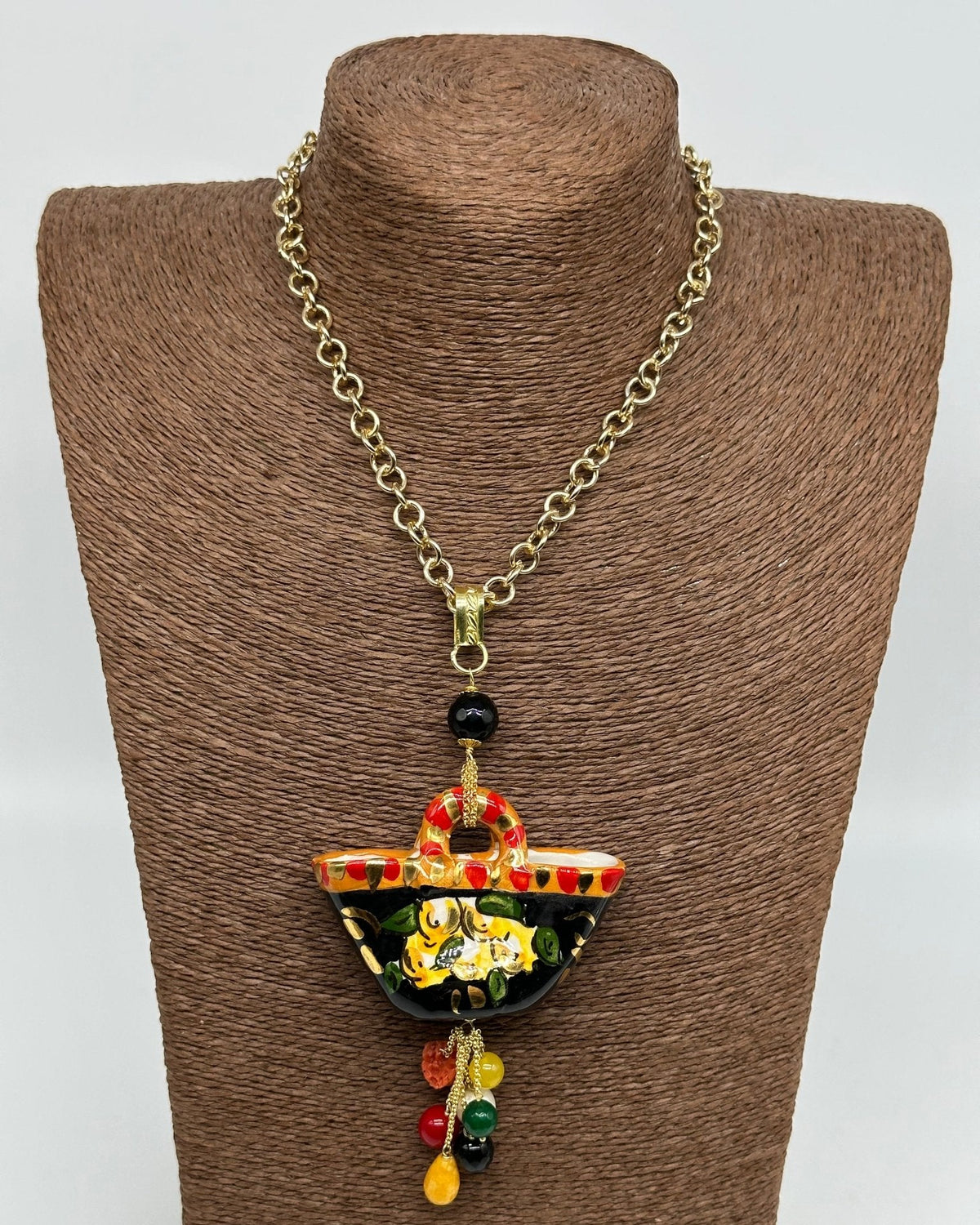 Collana Coffa Siciliana decorata Nero Ceramica di Caltagirone - DD CERAMICHE SICILIANE