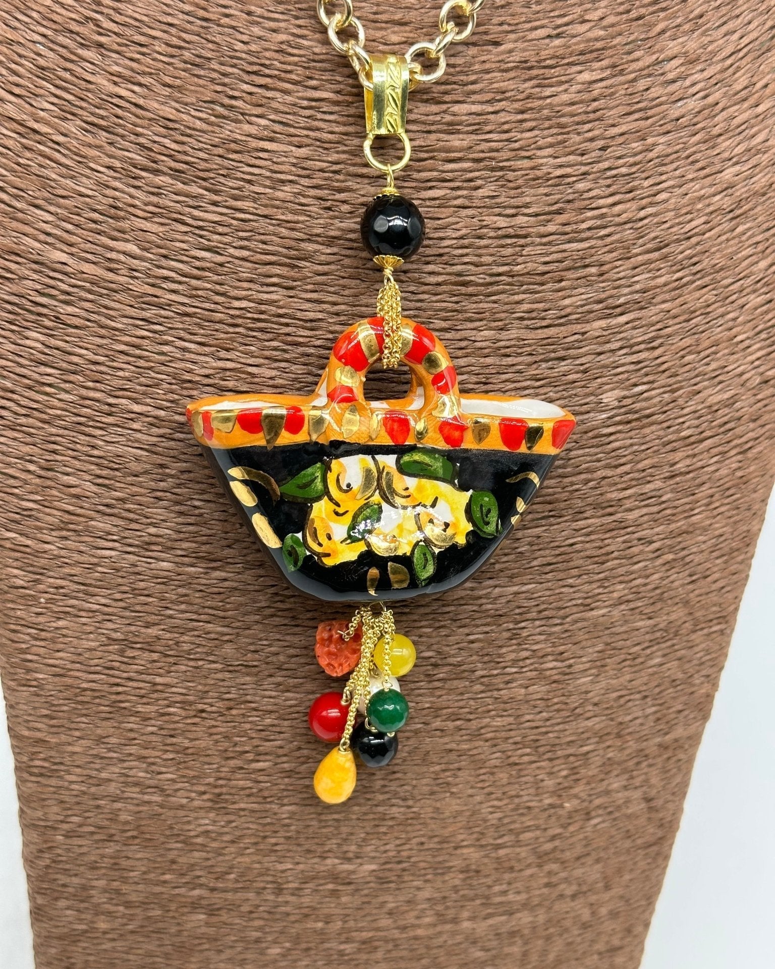 Collana Coffa Siciliana decorata Nero Ceramica di Caltagirone - DD CERAMICHE SICILIANE