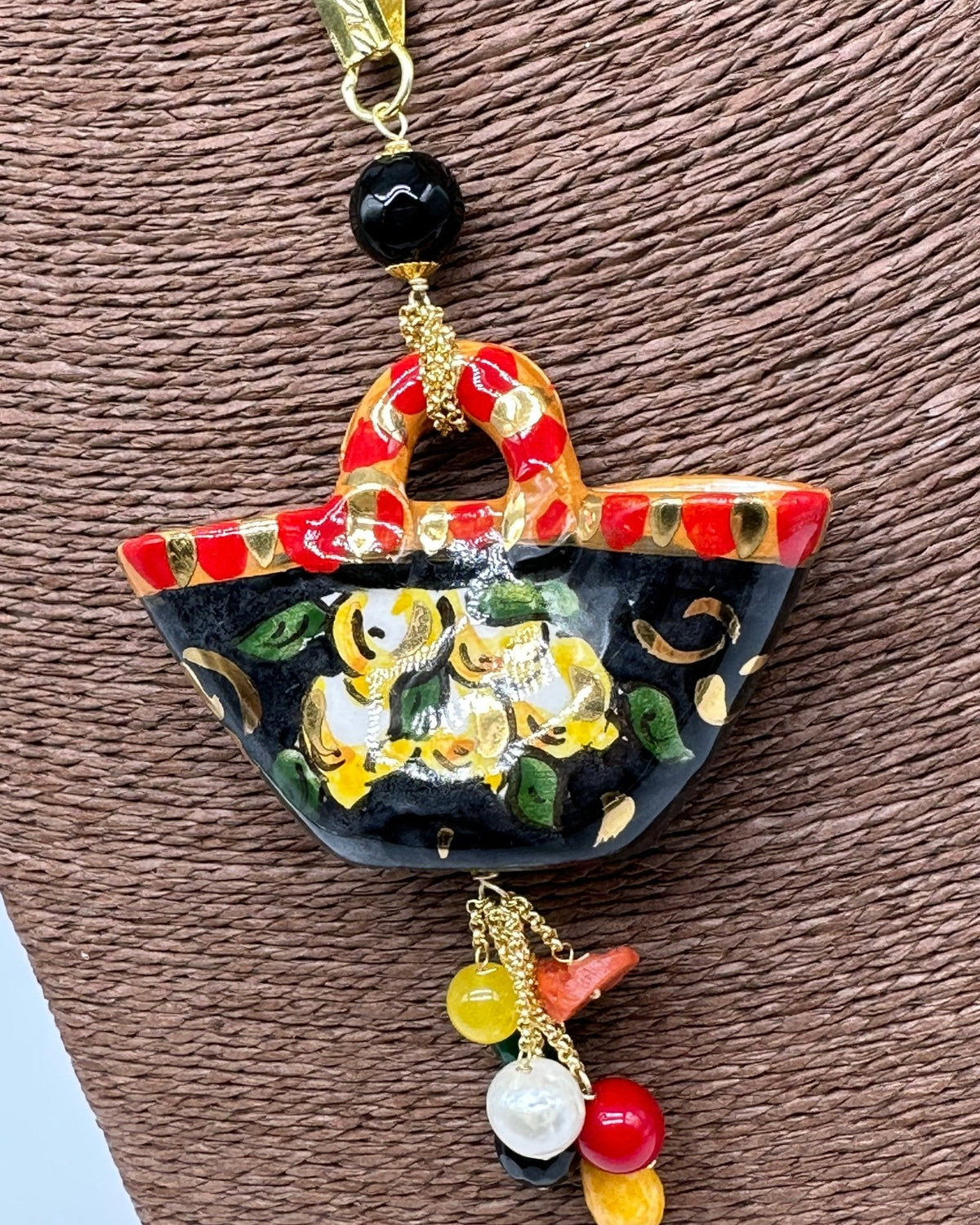 Collana Coffa Siciliana decorata Nero Ceramica di Caltagirone - DD CERAMICHE SICILIANE