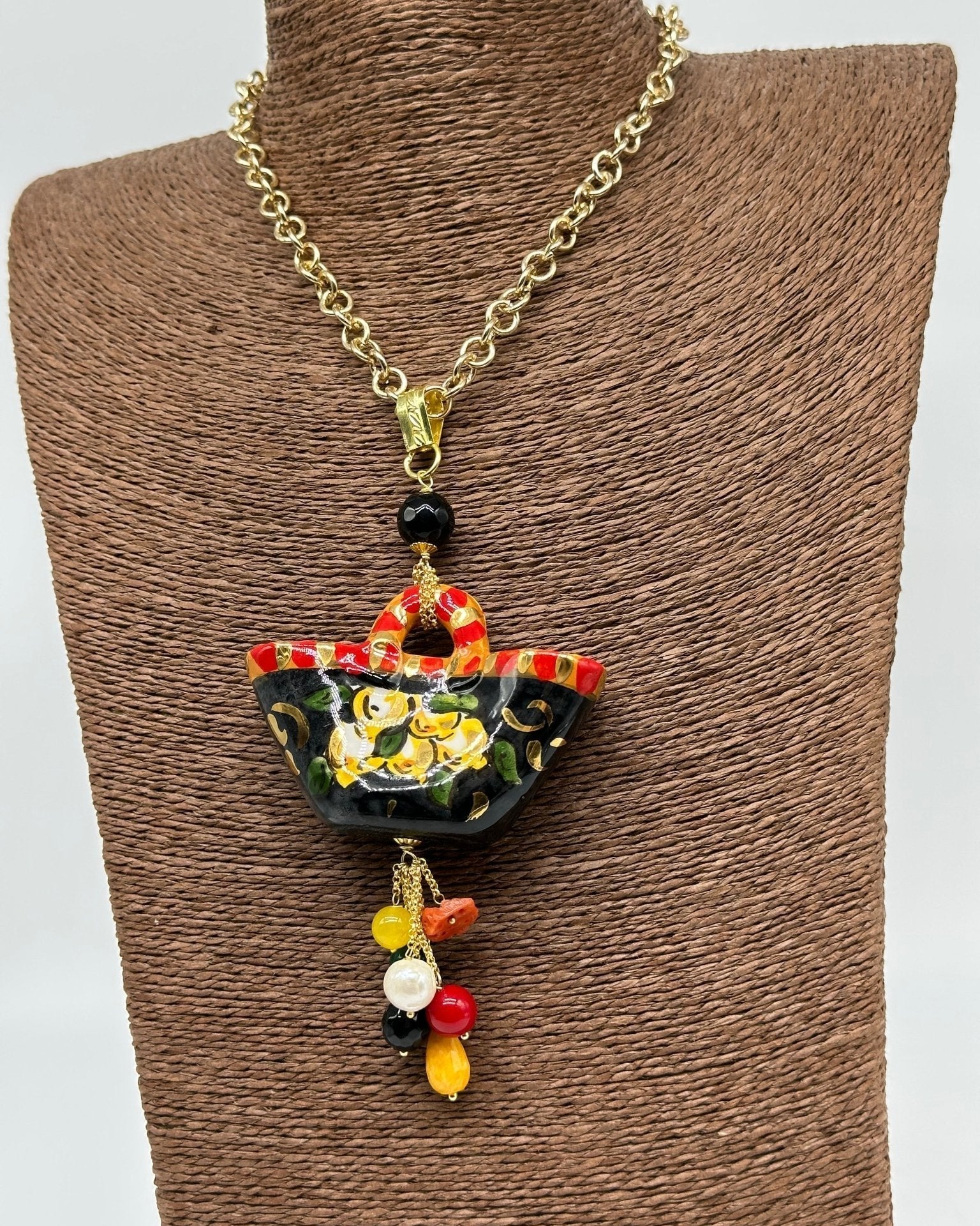 Collana Coffa Siciliana decorata Nero Ceramica di Caltagirone - DD CERAMICHE SICILIANE