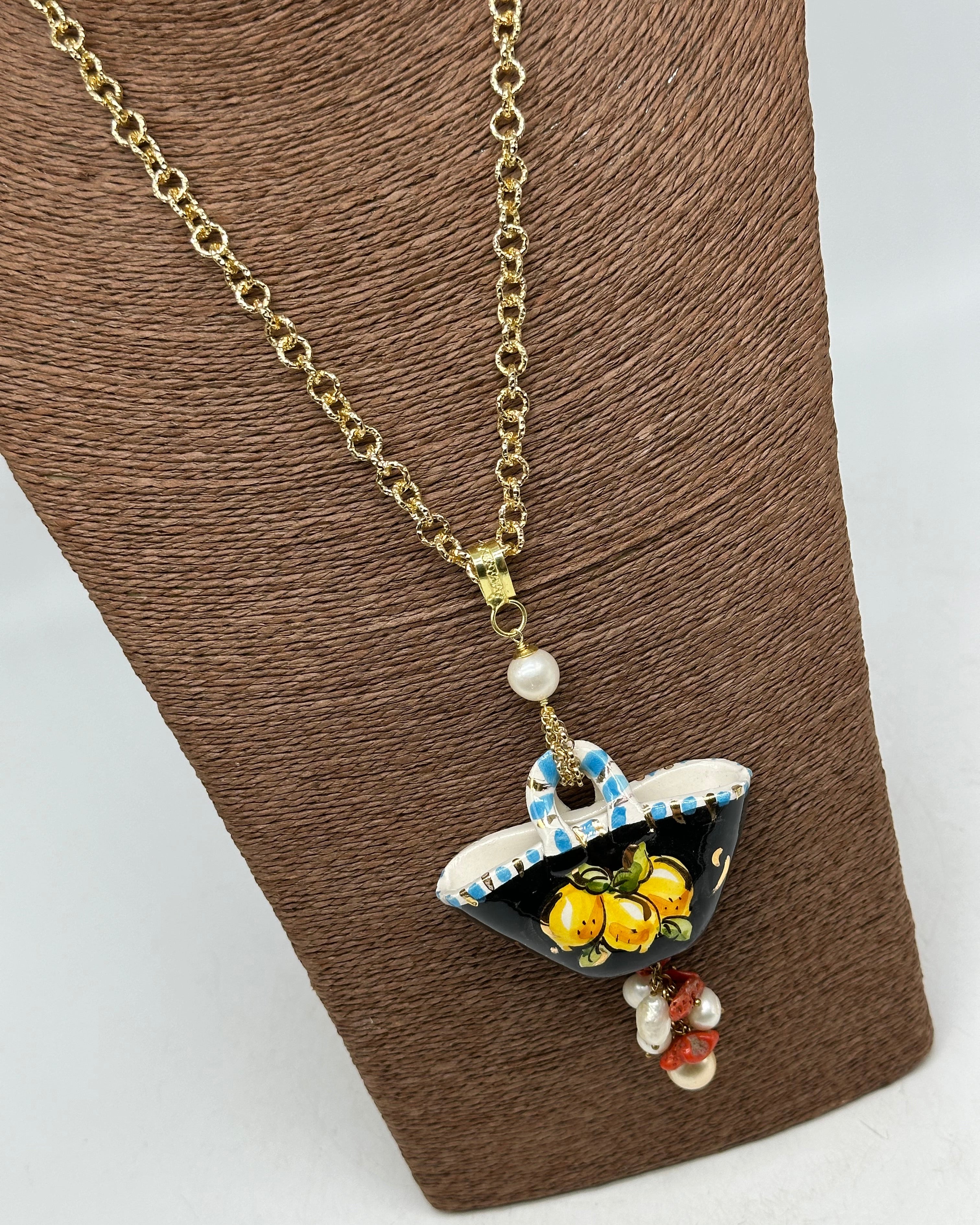 Collana Coffa Siciliana decorata Nero Ceramica di Caltagirone V.2 - COLLANA