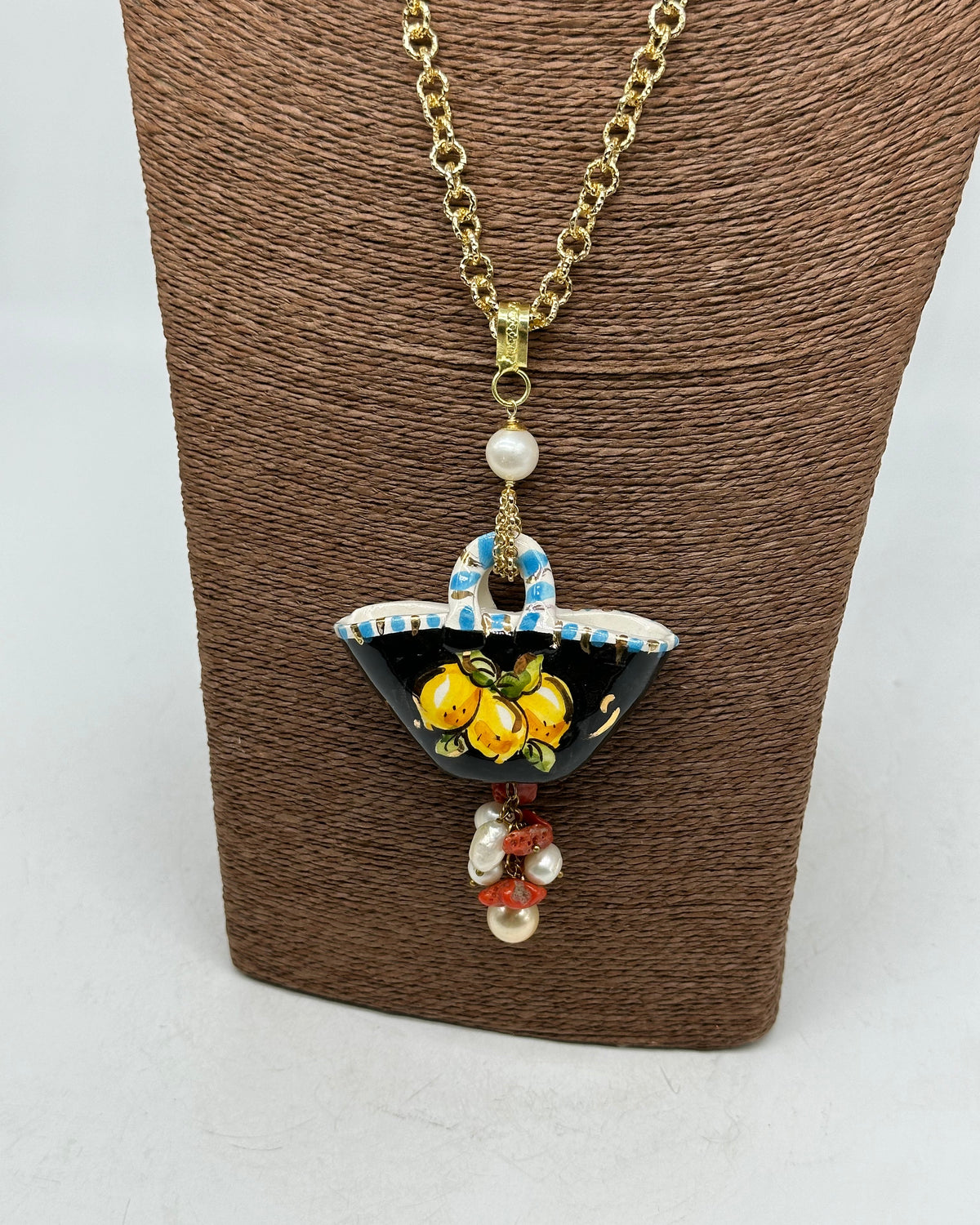 Collana Coffa Siciliana decorata Nero Ceramica di Caltagirone V.2 - COLLANA