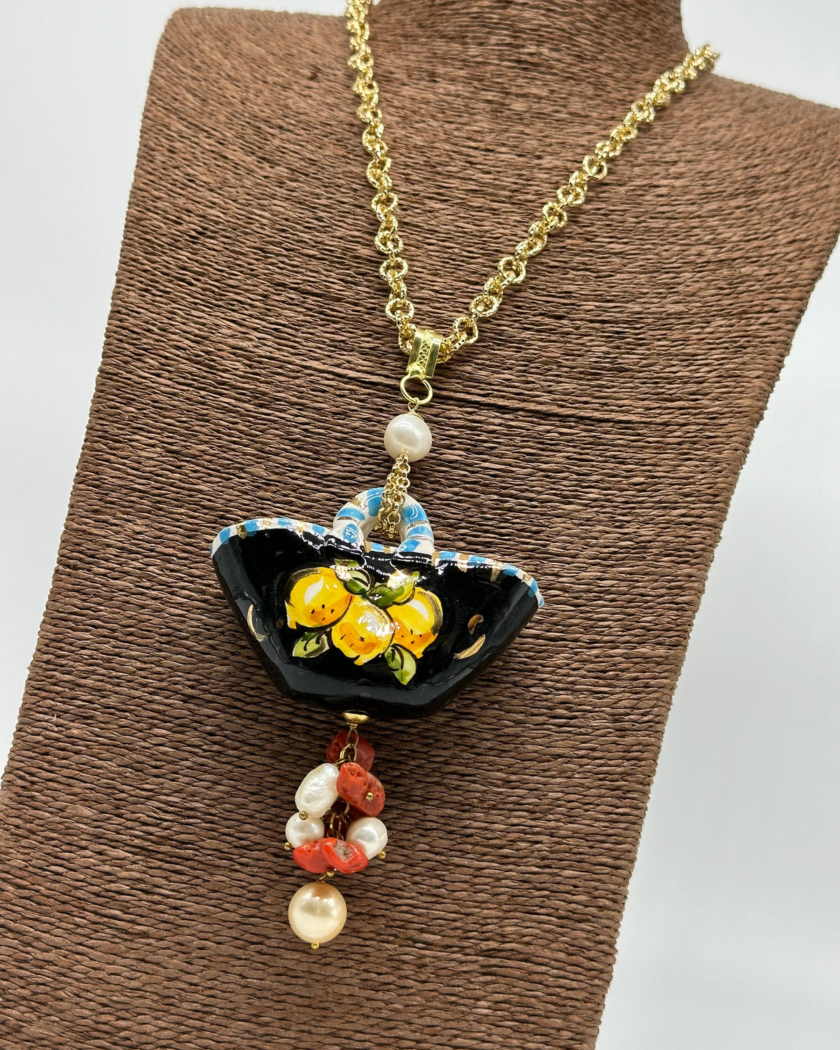 Collana Coffa Siciliana decorata Nero Ceramica di Caltagirone V.2 - COLLANA