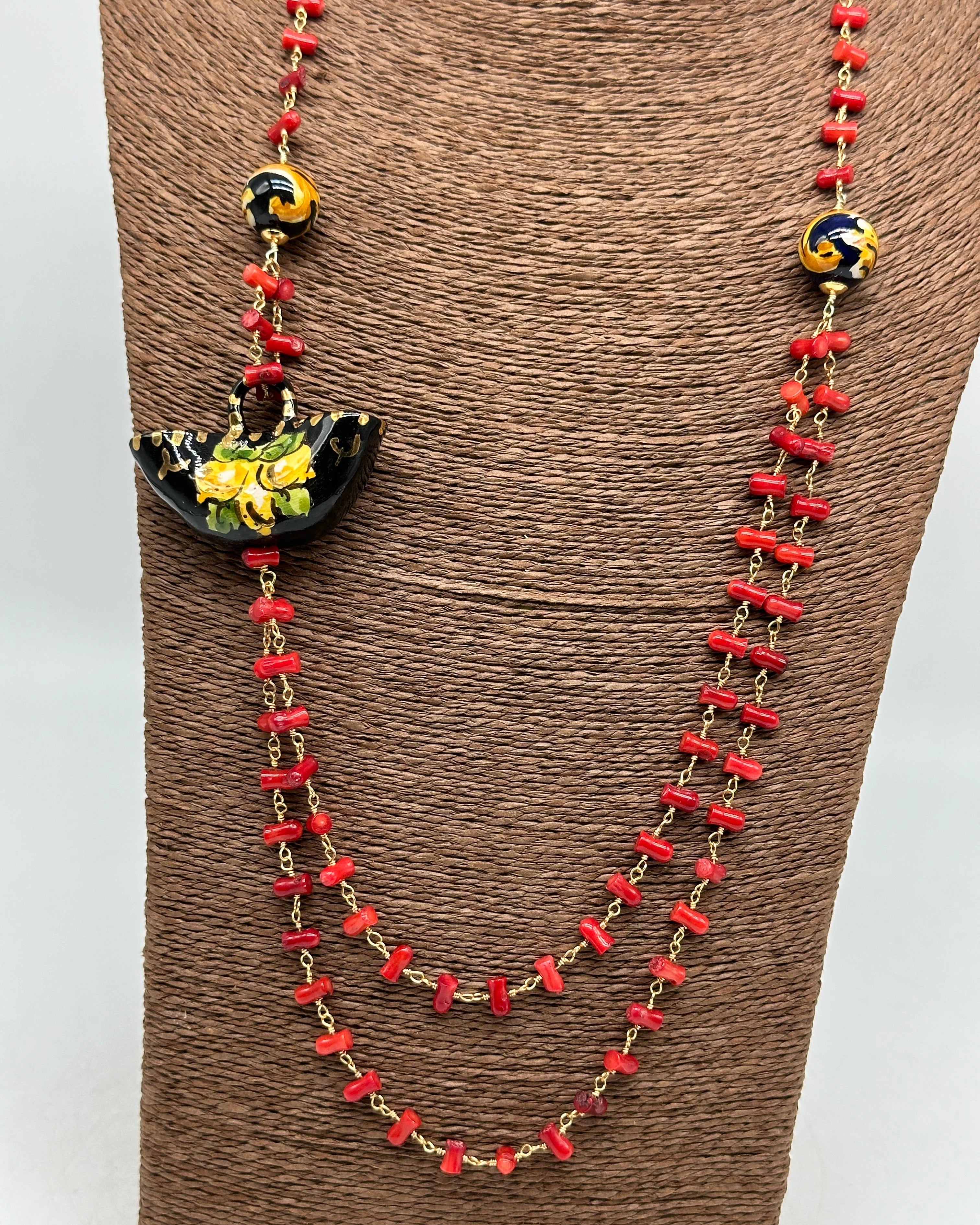 Collana Coffa Siciliana decorata Nero Ceramica di Caltagirone - COLLANA
