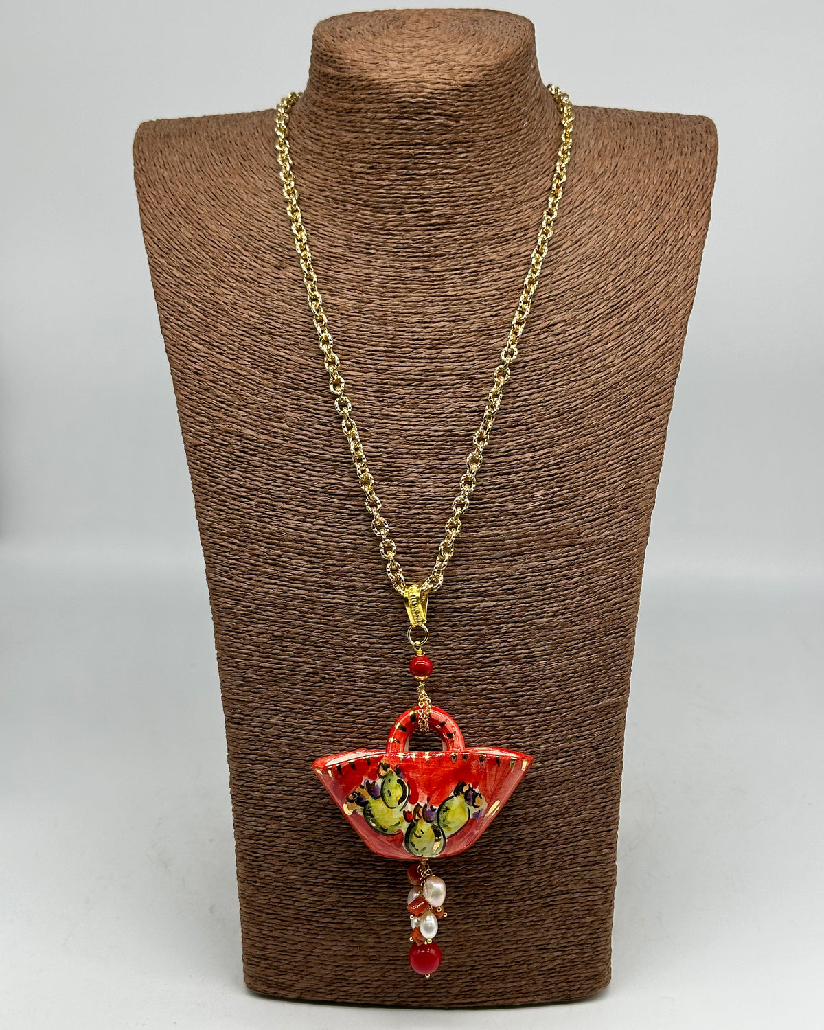 Collana Coffa Siciliana decorata Pale Fichi d’India Ceramica di Caltagirone BIJOUX