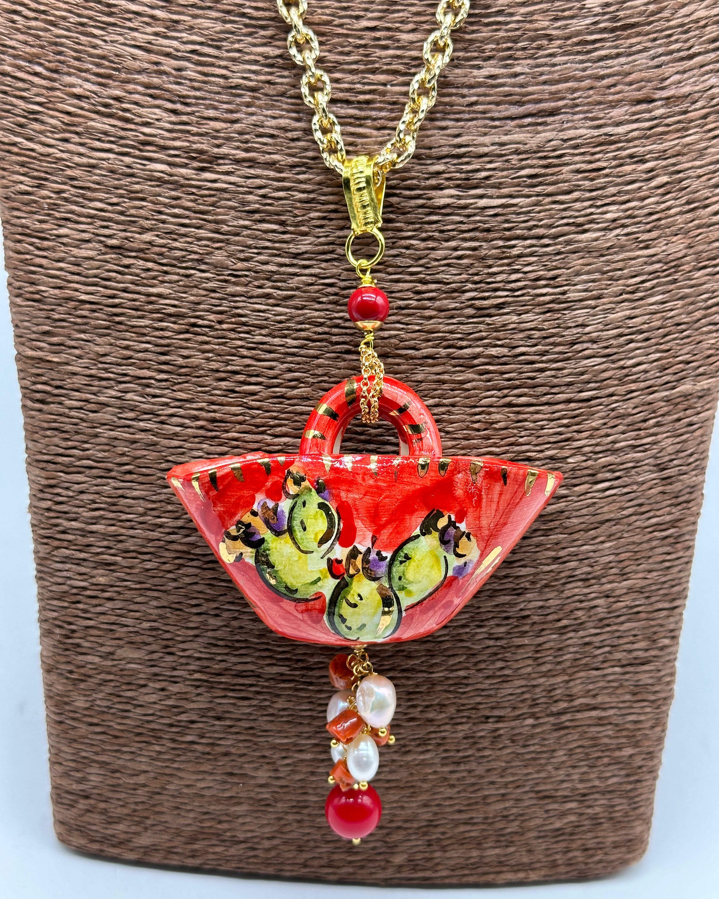 Collana Coffa Siciliana decorata Pale Fichi d’India Ceramica di Caltagirone BIJOUX