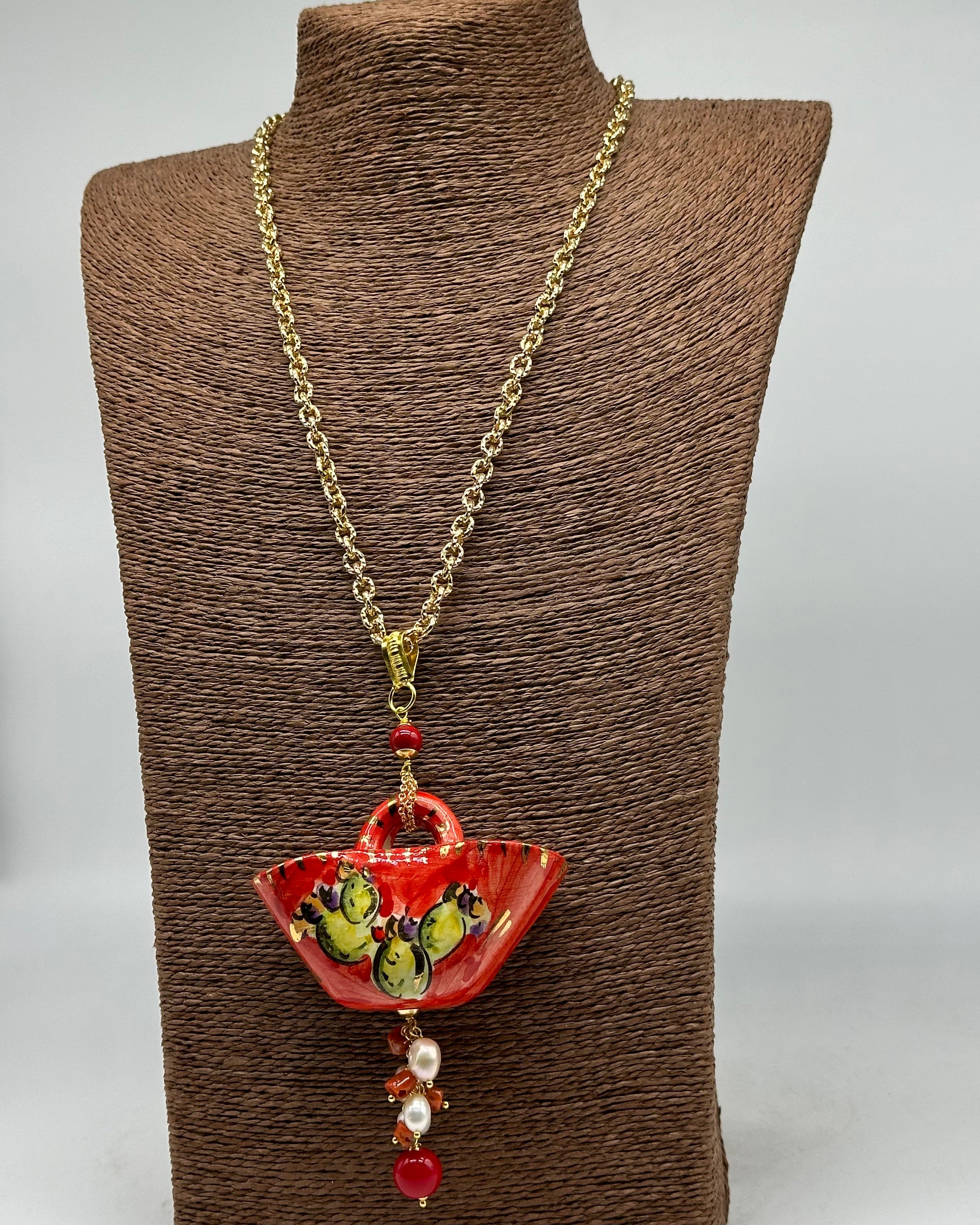 Collana Coffa Siciliana decorata Pale Fichi d’India Ceramica di Caltagirone BIJOUX