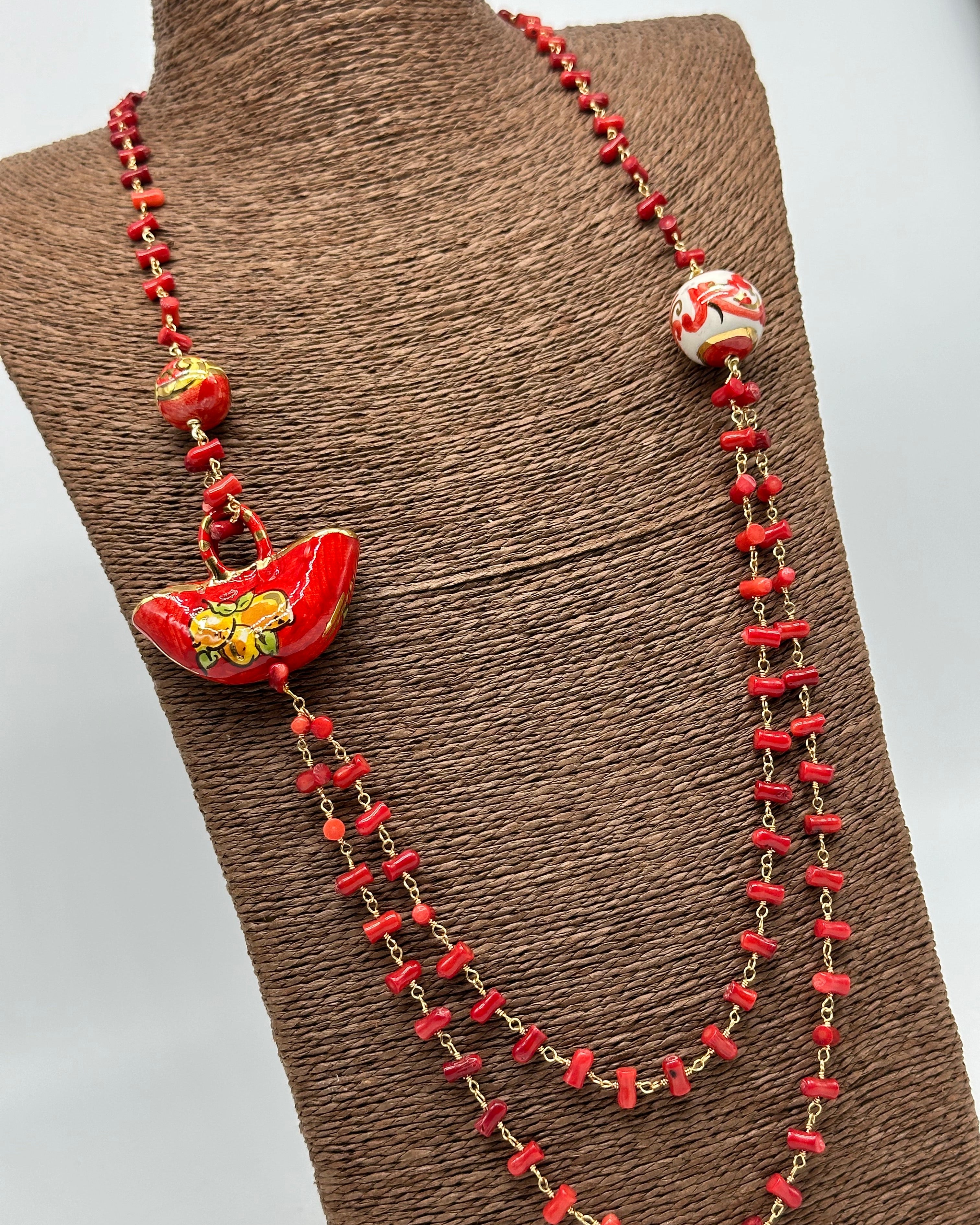 Collana Coffa Siciliana decorata Rosso Ceramica di Caltagirone - COLLANA