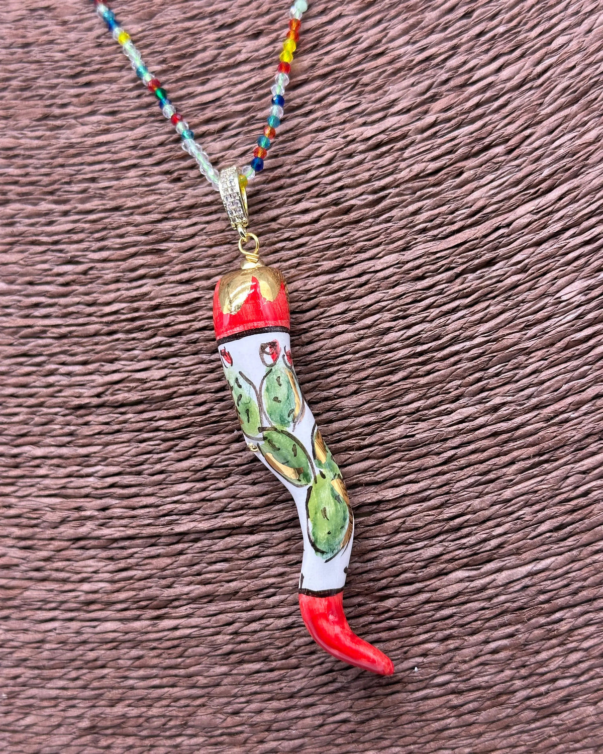 Collana Corno Portafotuna Ceramica Caltagirone, catena perle multicolor V.2 DD CERAMICHE SICILIANE