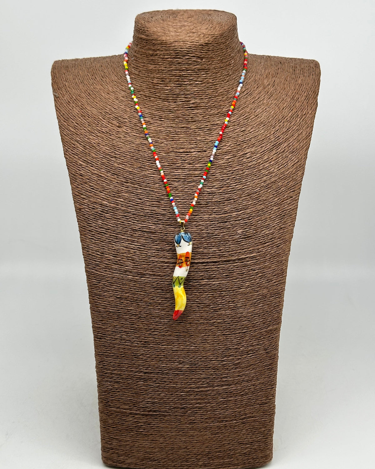 Collana Corno Portafotuna Ceramica Caltagirone catena perle multicolor V.4 - COLLANA