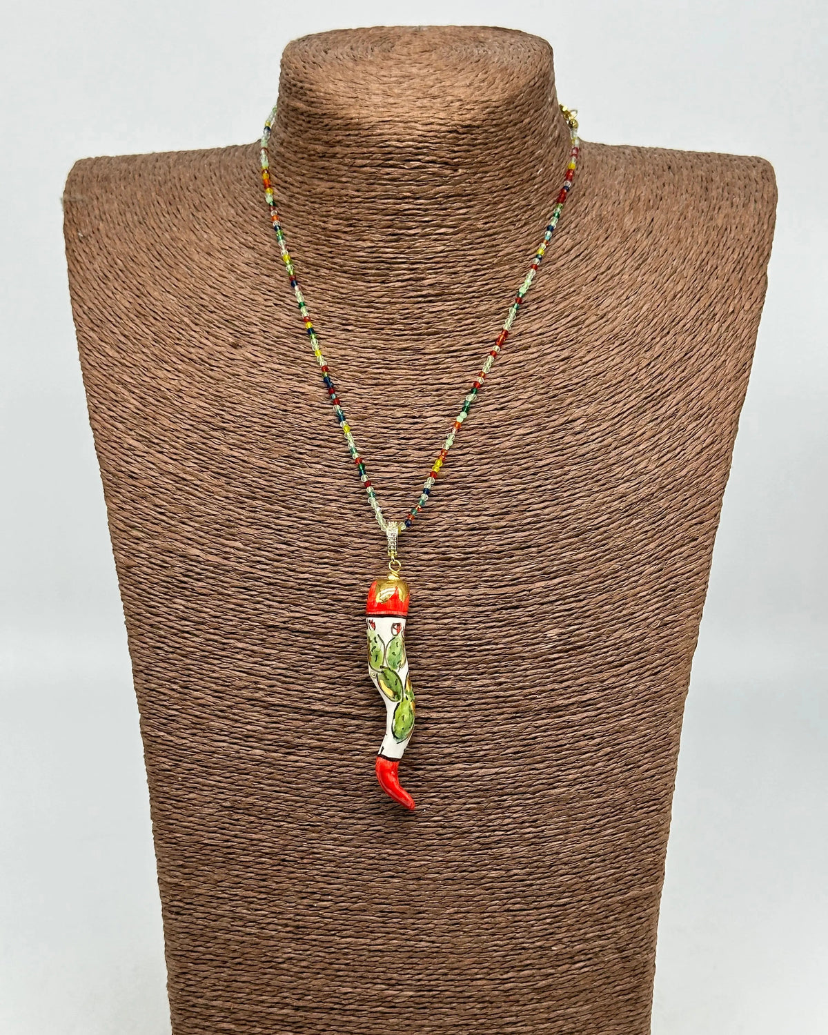 Collana Corno Portafotuna Ceramica Caltagirone, catena perle multicolor V.2 DD CERAMICHE SICILIANE