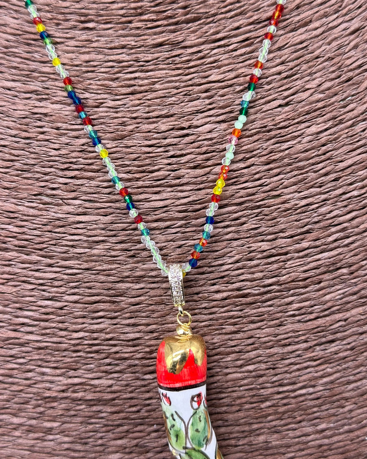 Collana Corno Portafotuna Ceramica Caltagirone, catena perle multicolor V.2 DD CERAMICHE SICILIANE