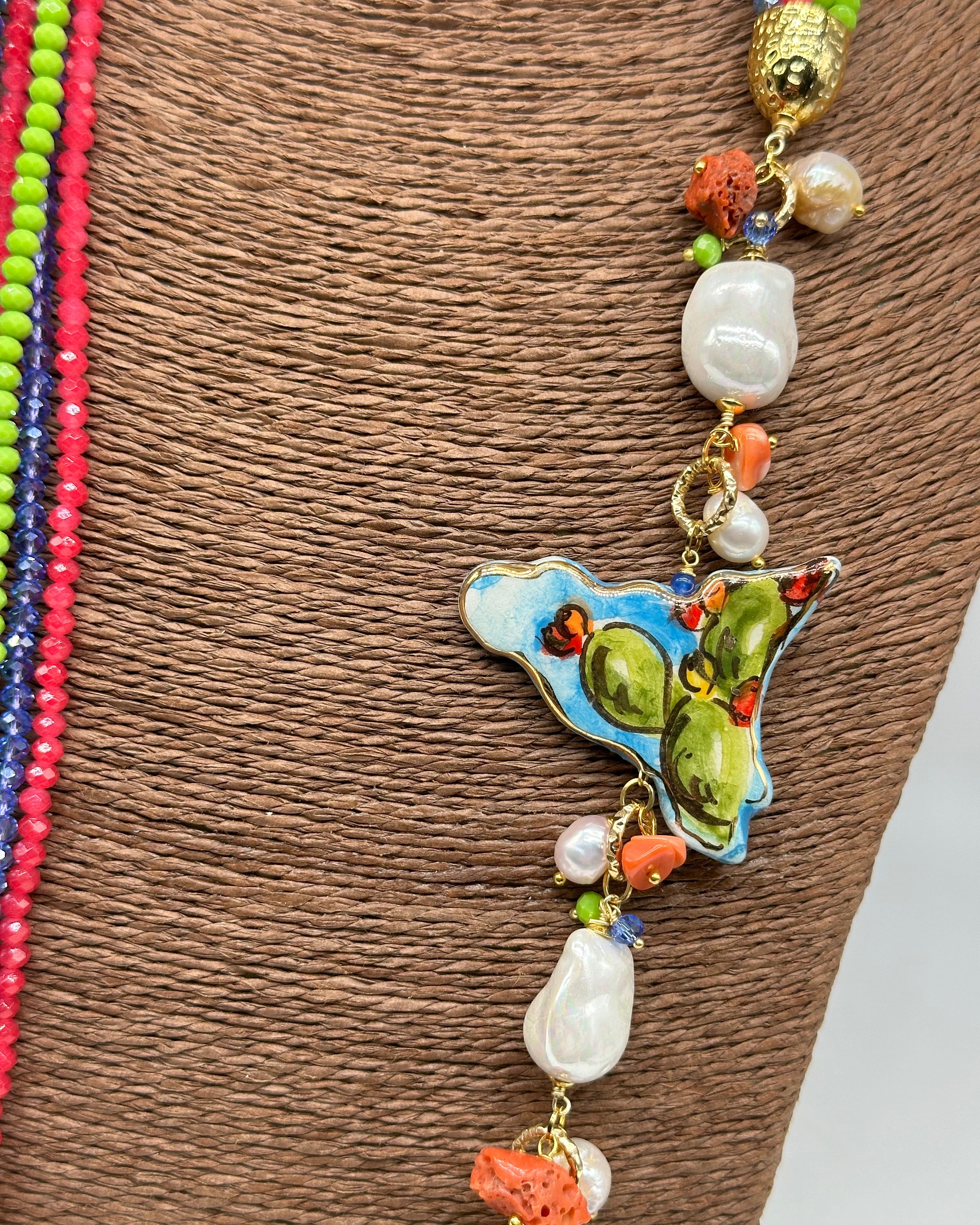 Collana Multifilo di Pietre colorate ciondolo Sicilia perle e pietre V.2 - BIJOUX