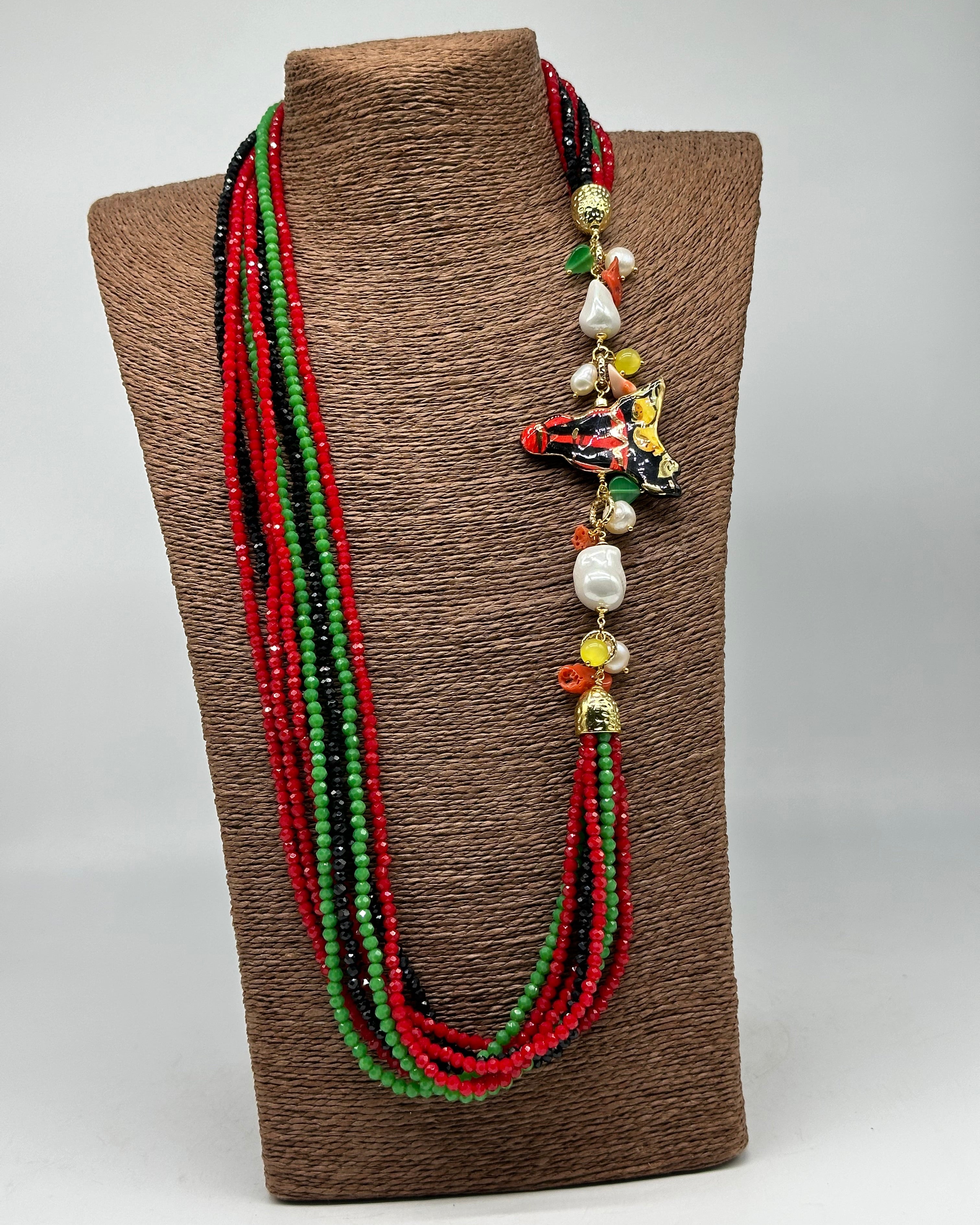 Collana Multifilo di Pietre colorate ciondolo Sicilia perle e pietre V.3 - BIJOUX