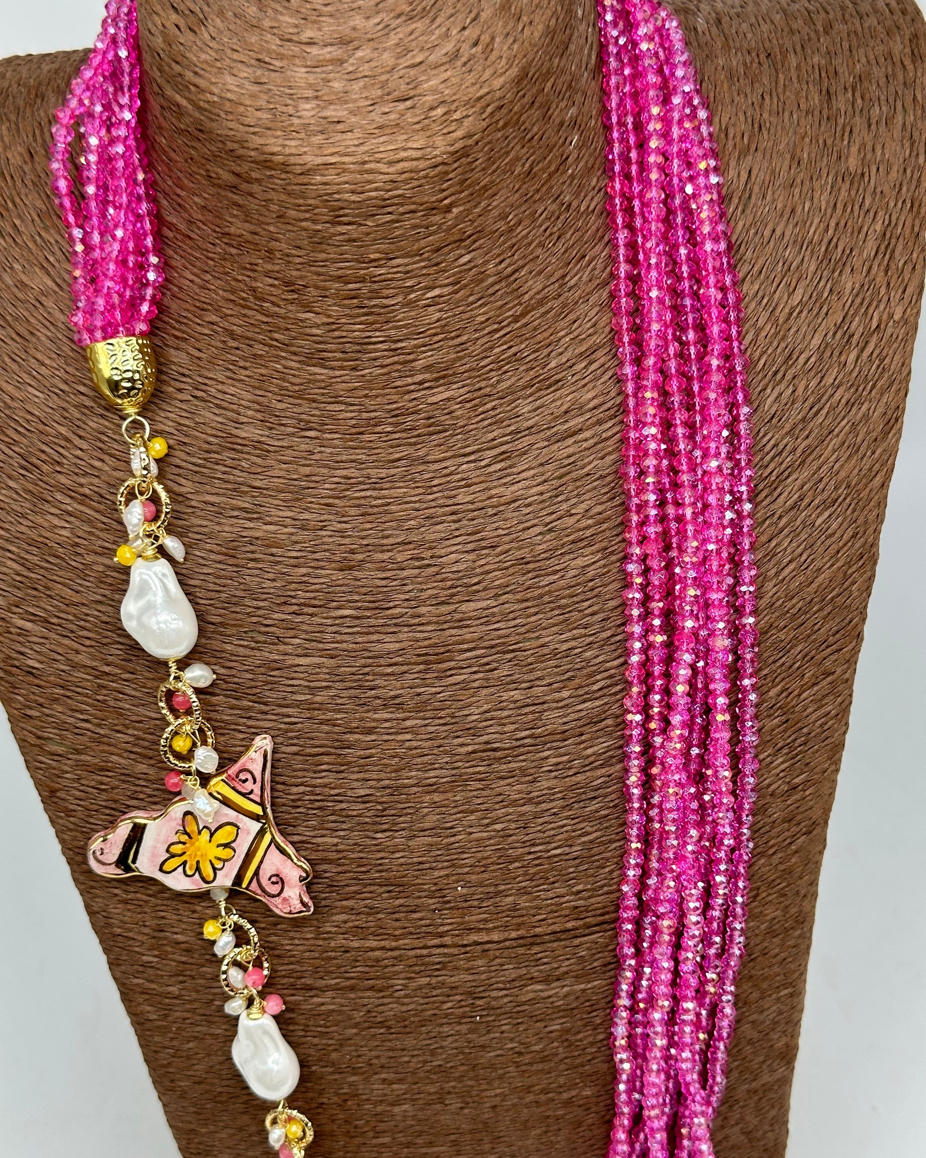 Collana multifilo di Pietre Rosa ciondolo Sicilia perle e pietre - COLLANA