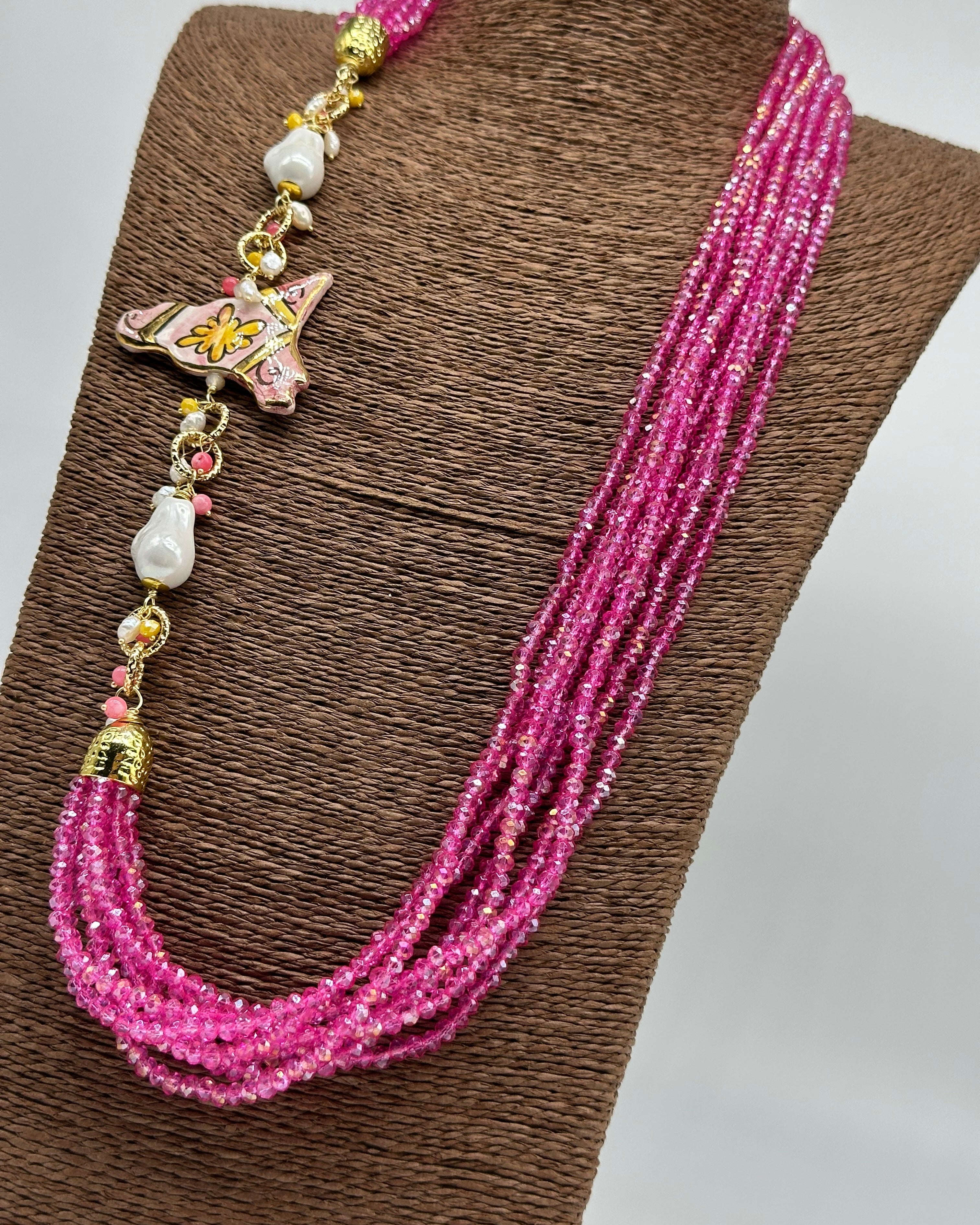 Collana multifilo di Pietre Rosa ciondolo Sicilia perle e pietre - COLLANA