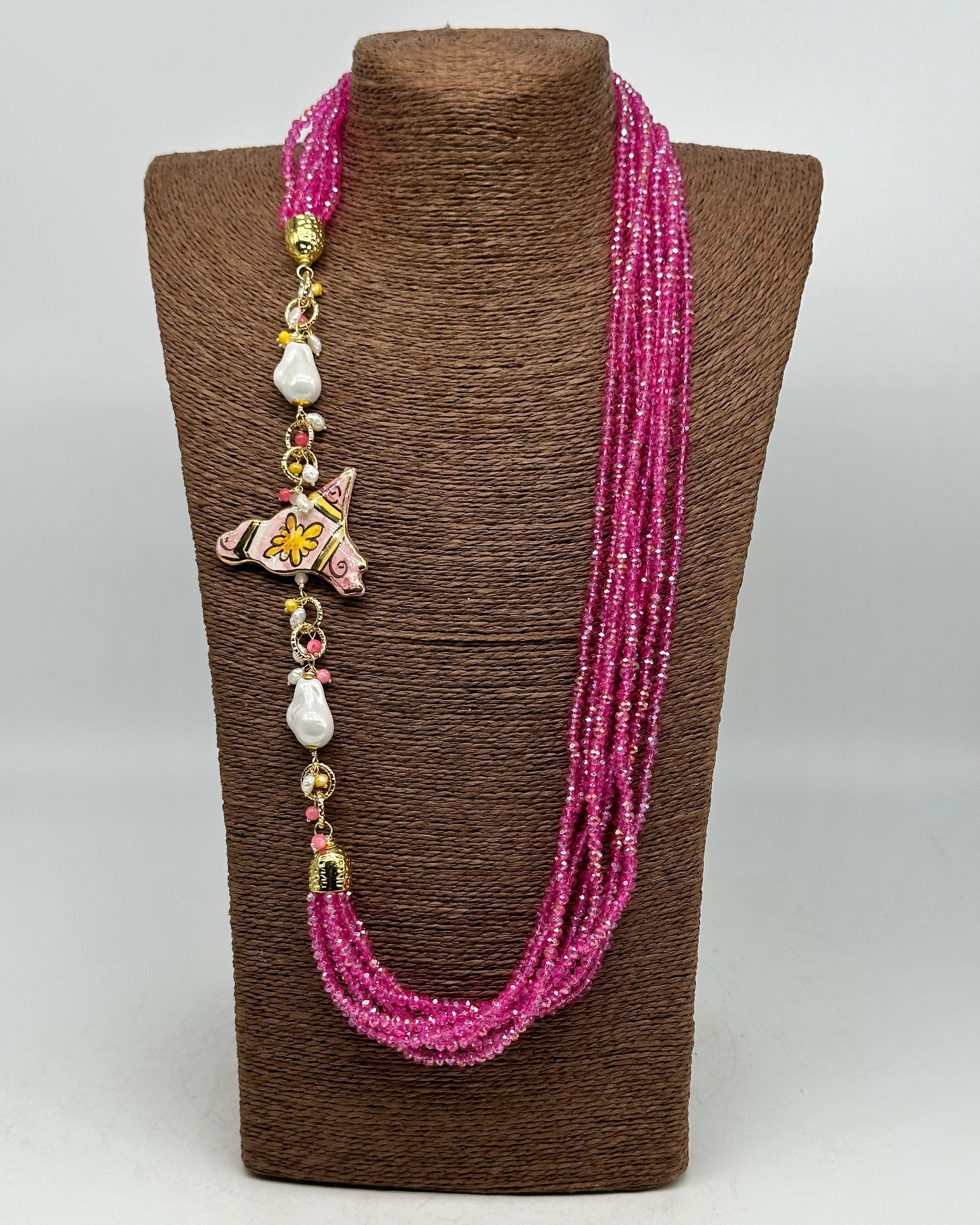 Collana multifilo di Pietre Rosa ciondolo Sicilia perle e pietre - COLLANA