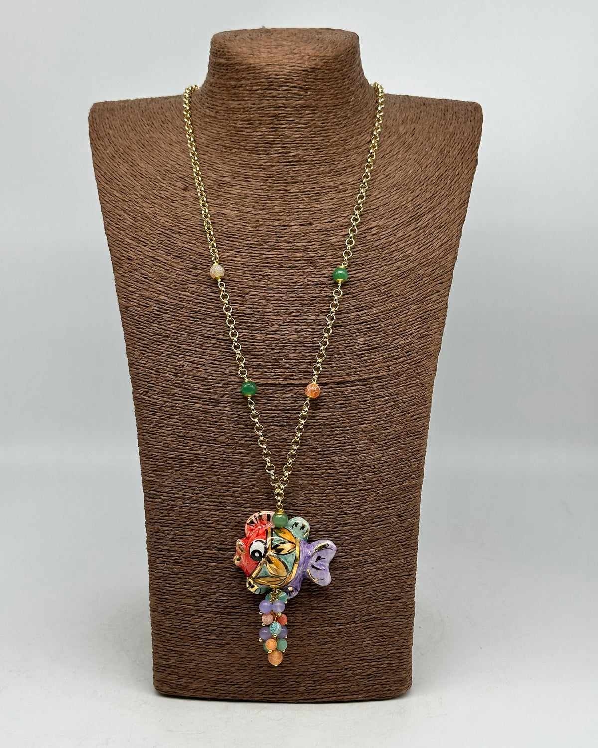 Collana Pesce in Ceramica di Caltagirone pietre catena dorata V.3 - COLLANA