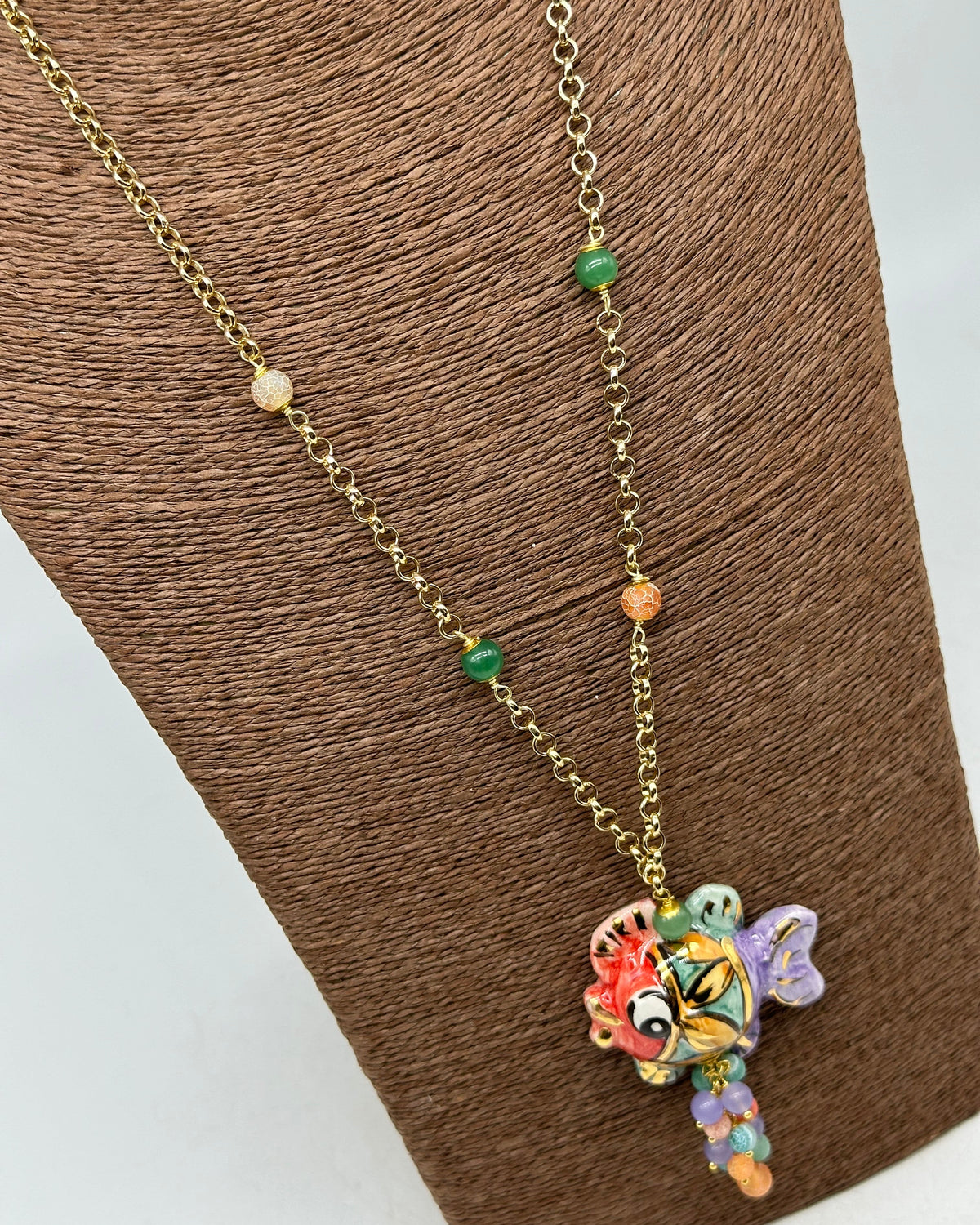 Collana Pesce in Ceramica di Caltagirone pietre catena dorata V.3 - COLLANA