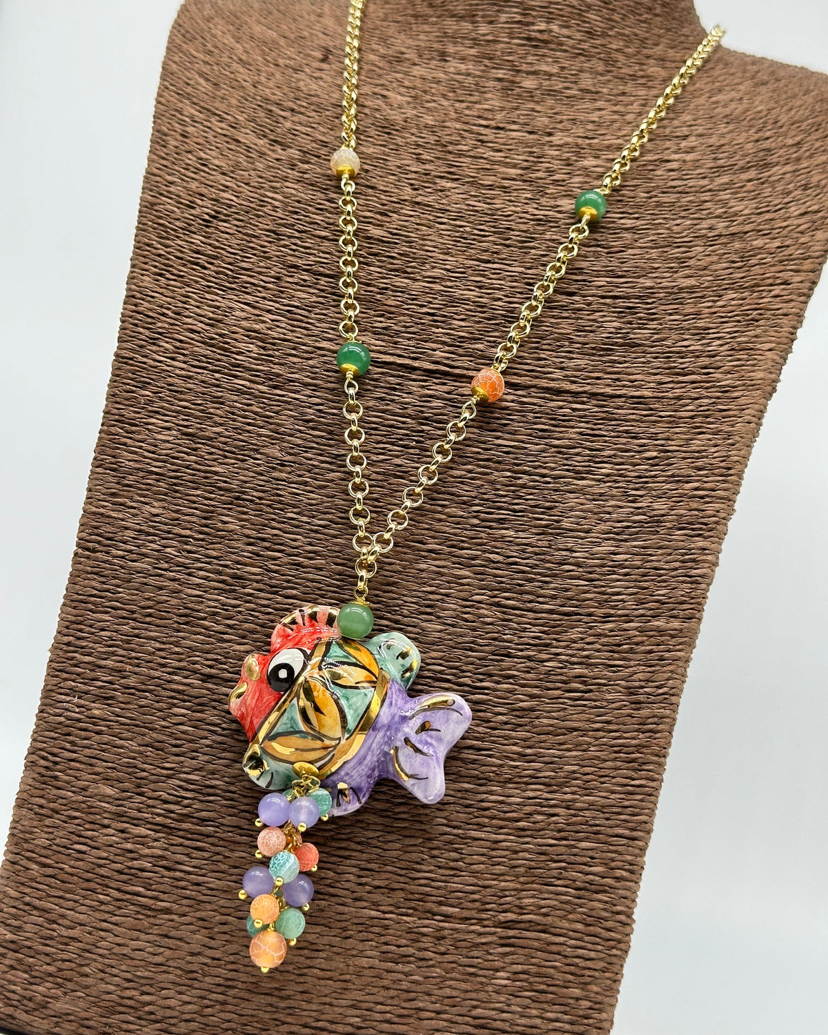 Collana Pesce in Ceramica di Caltagirone pietre catena dorata V.3 - COLLANA