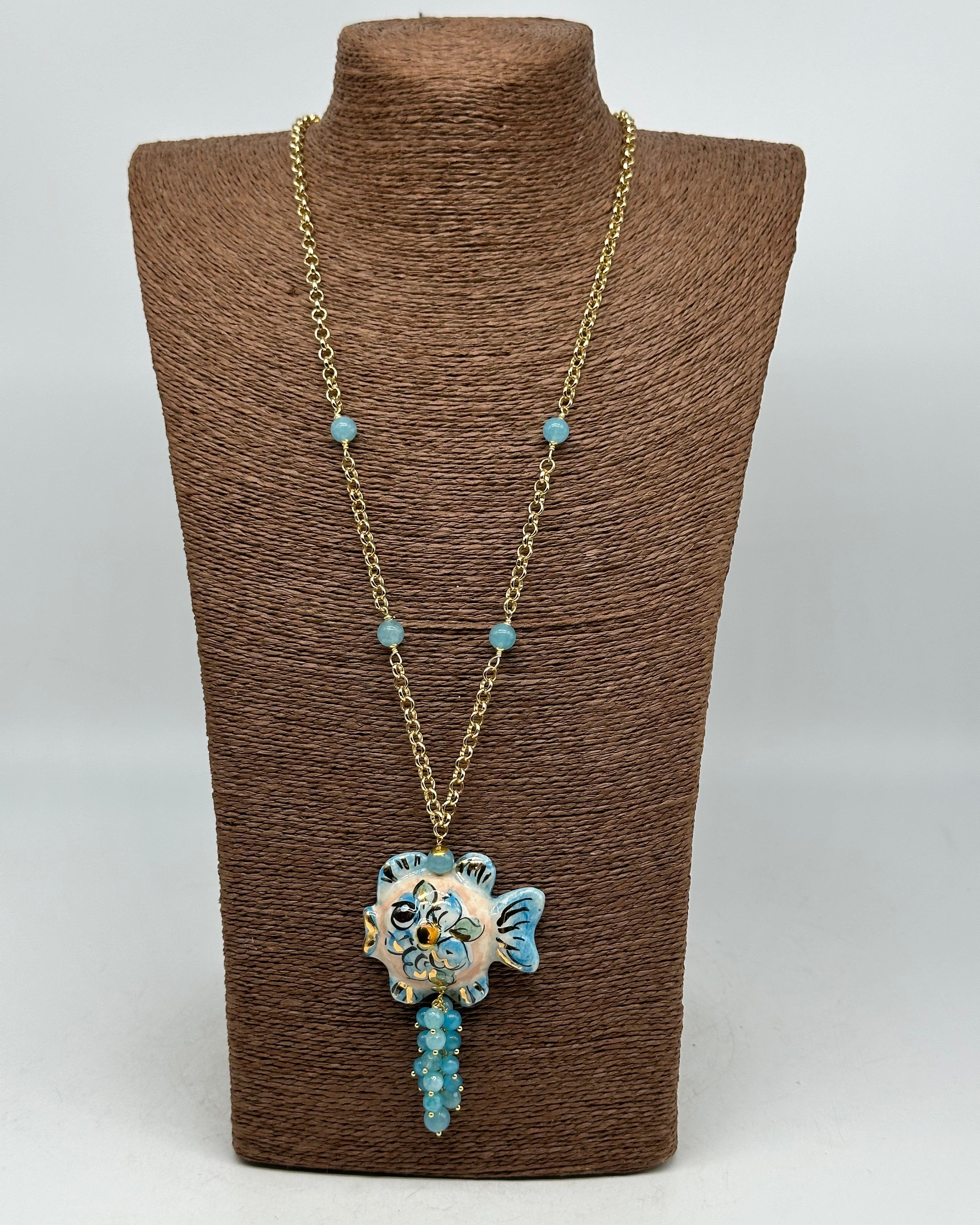 Collana Pesce in Ceramica di Caltagirone pietre catena dorata V.5 - COLLANA