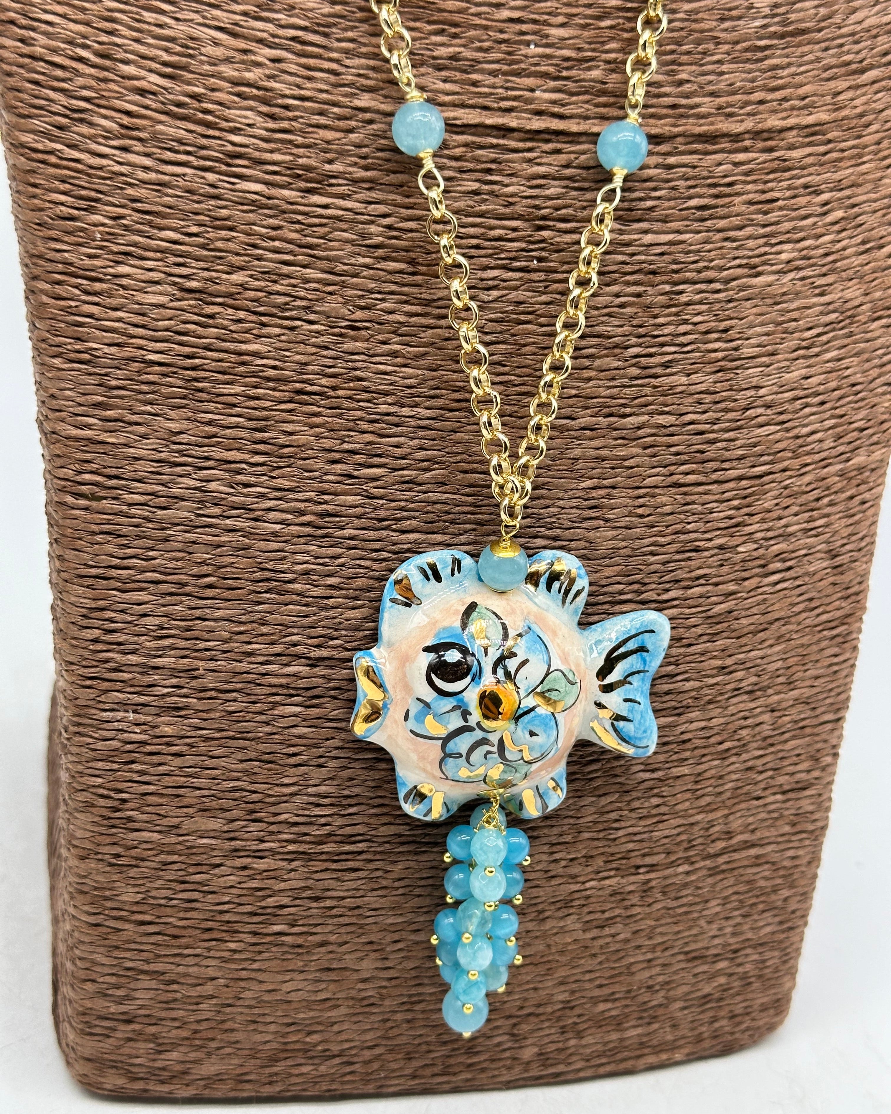Collana Pesce in Ceramica di Caltagirone pietre catena dorata V.5 - COLLANA