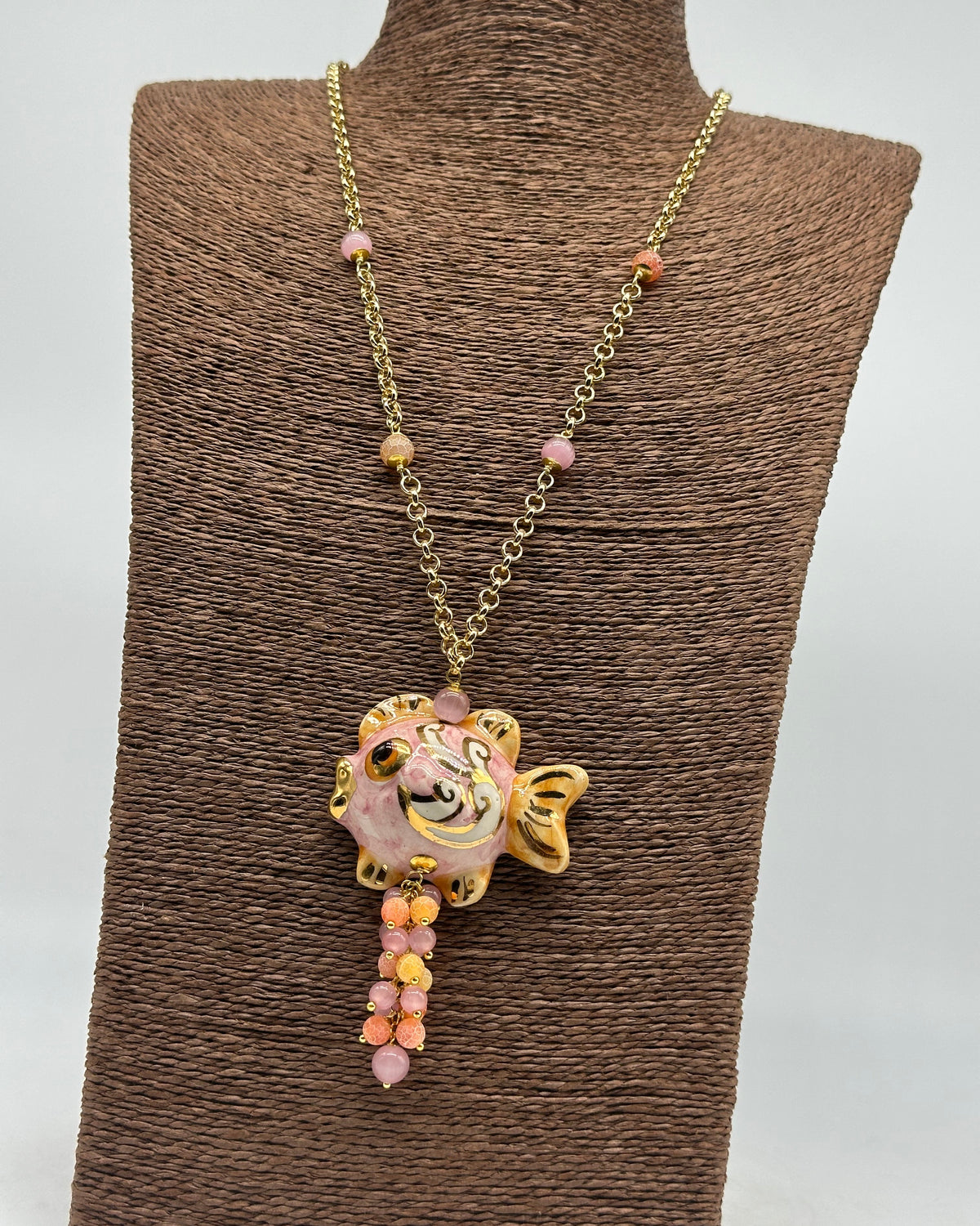 Collana Pesce in Ceramica di Caltagirone pietre catena dorata V.6 - COLLANA