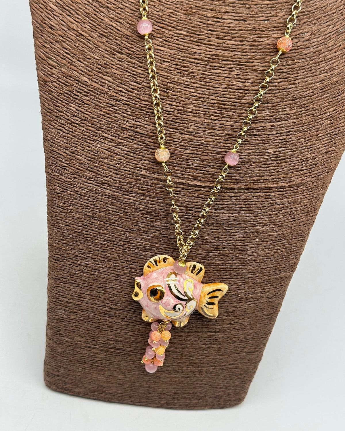 Collana Pesce in Ceramica di Caltagirone pietre catena dorata V.6 - COLLANA