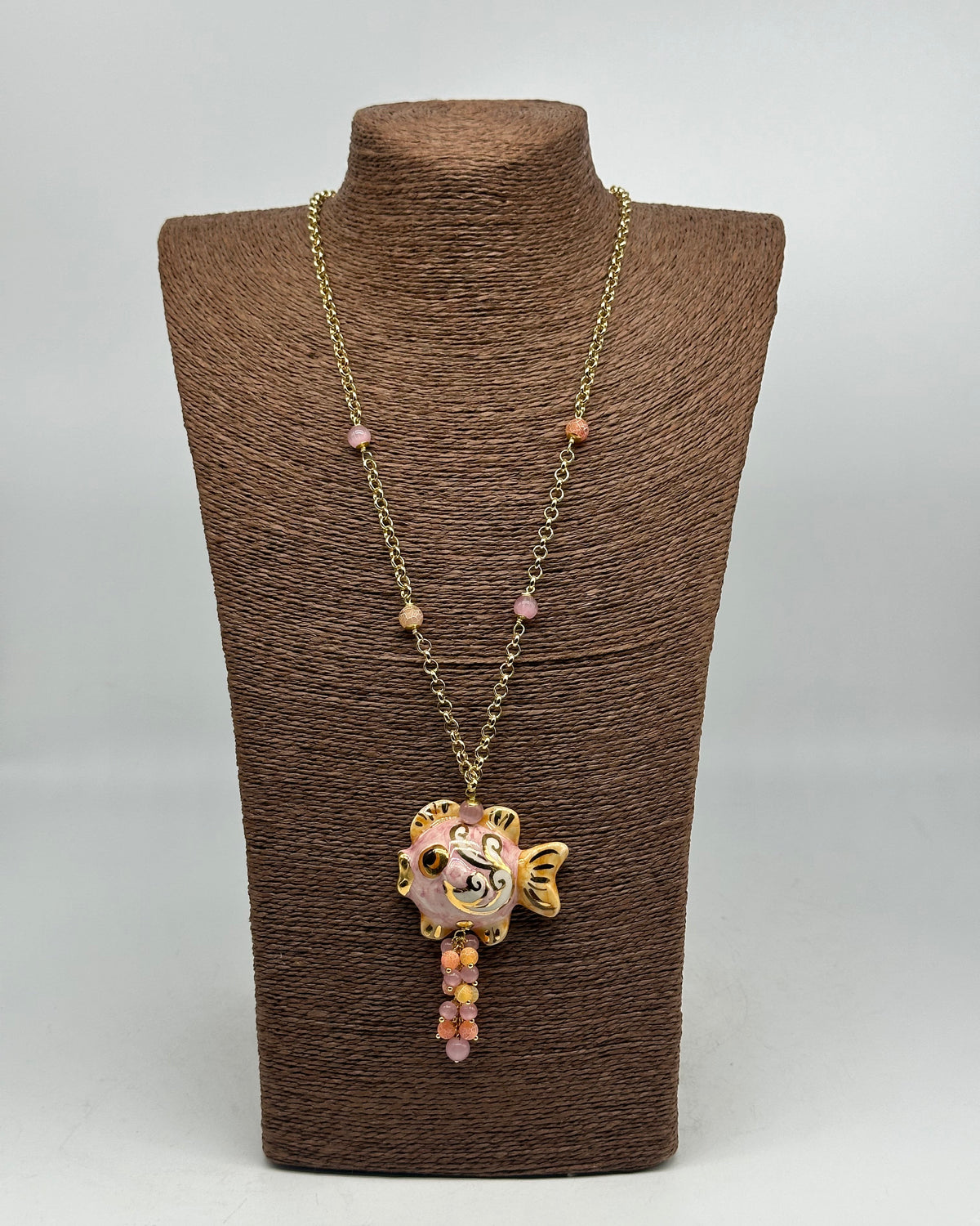 Collana Pesce in Ceramica di Caltagirone pietre catena dorata V.6 - COLLANA