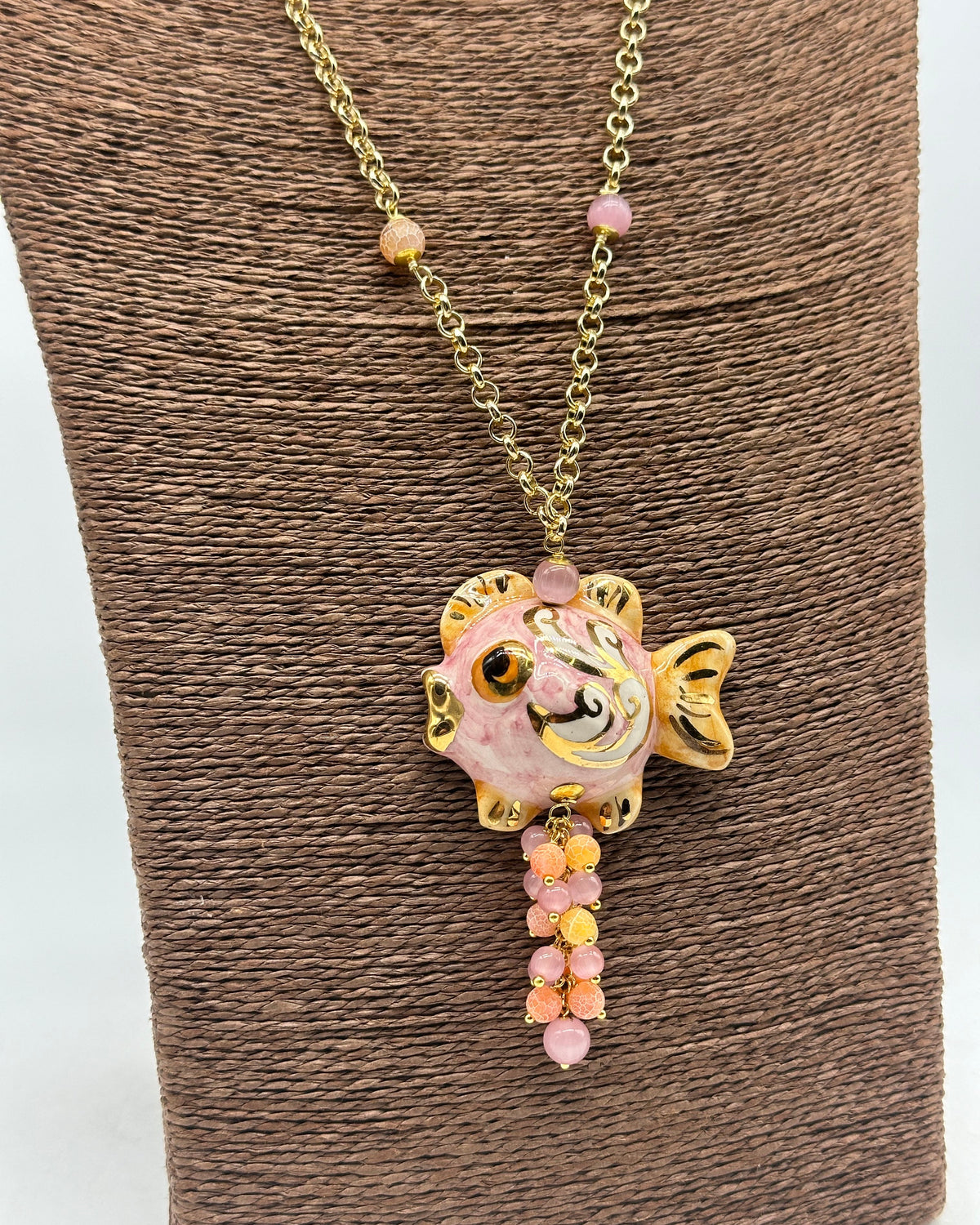 Collana Pesce in Ceramica di Caltagirone pietre catena dorata V.6 - COLLANA