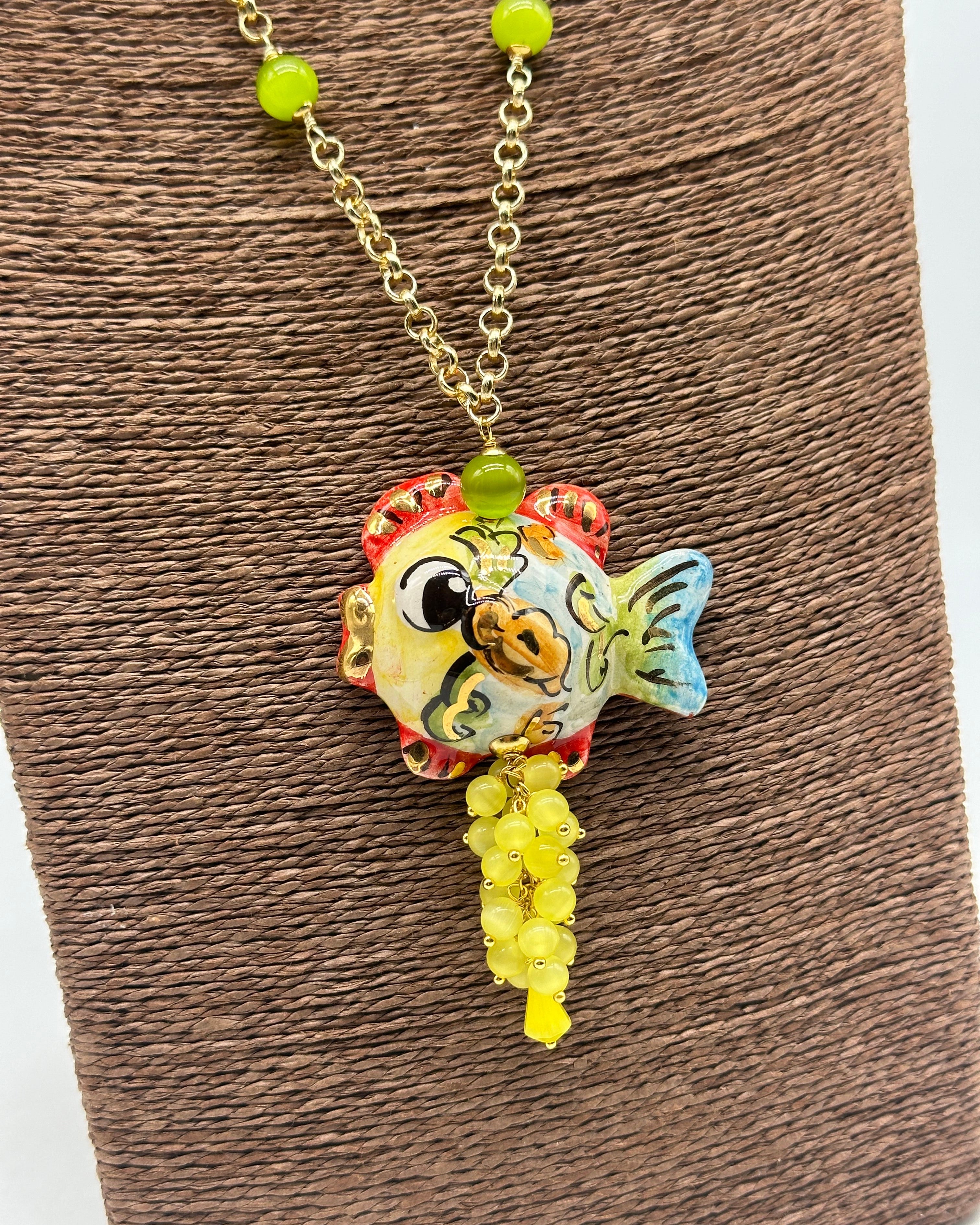 Collana Pesce in Ceramica di Caltagirone pietre catena dorata V.7 - BIJOUX