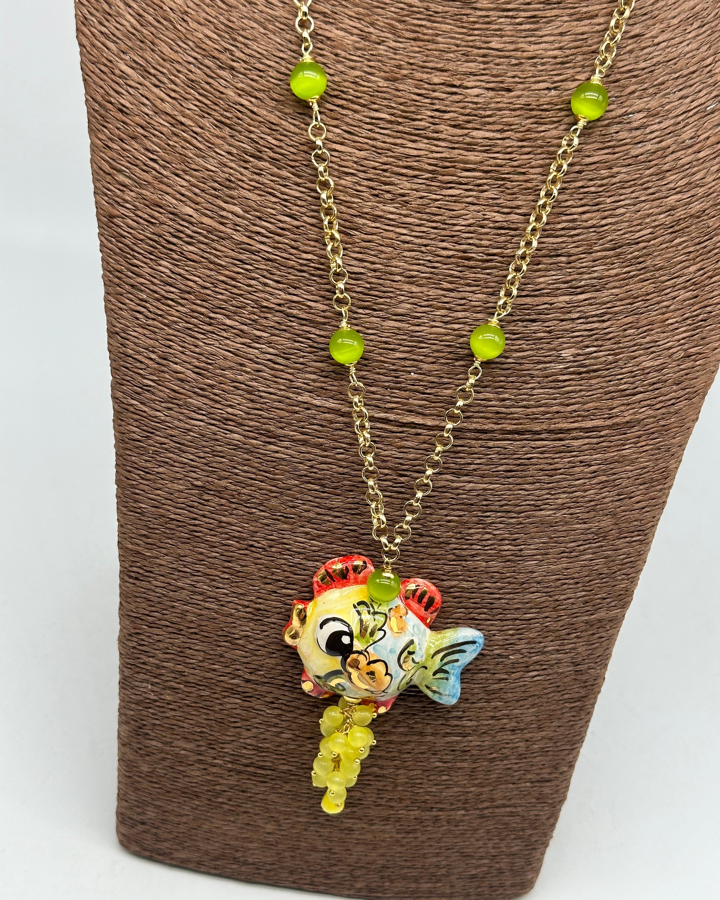 Collana Pesce in Ceramica di Caltagirone pietre catena dorata V.7 - BIJOUX
