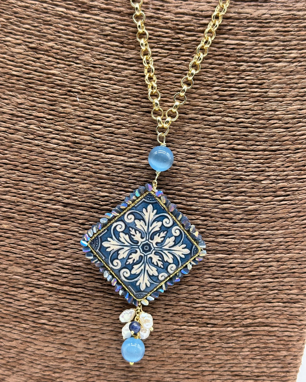 Collana Piastrella Ceramica di Caltagirone catena dorata con pietre V.3 - COLLANA