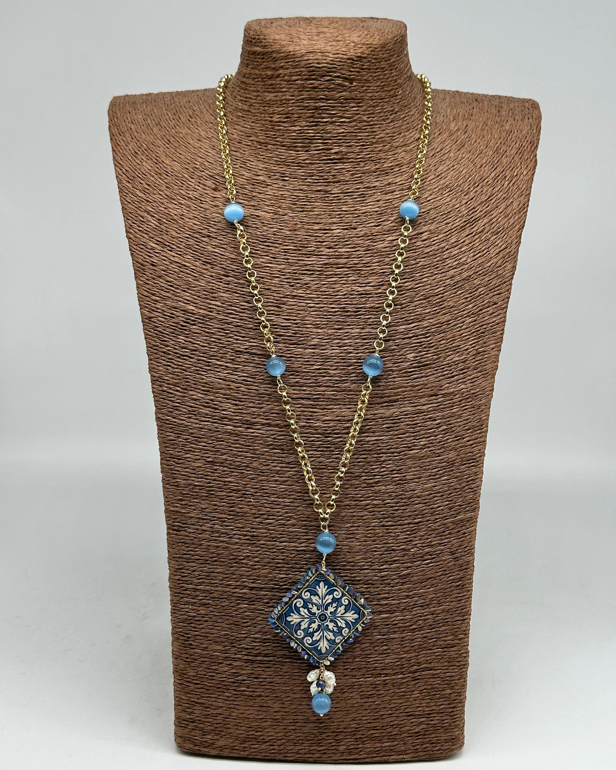 Collana Piastrella Ceramica di Caltagirone catena dorata con pietre V.3 - COLLANA