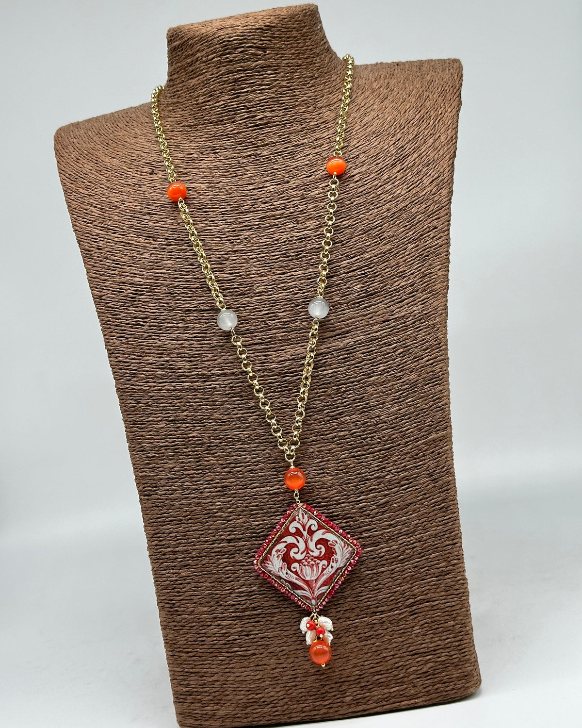 Collana Piastrella Ceramica di Caltagirone catena dorata con pietre V.2 - COLLANA