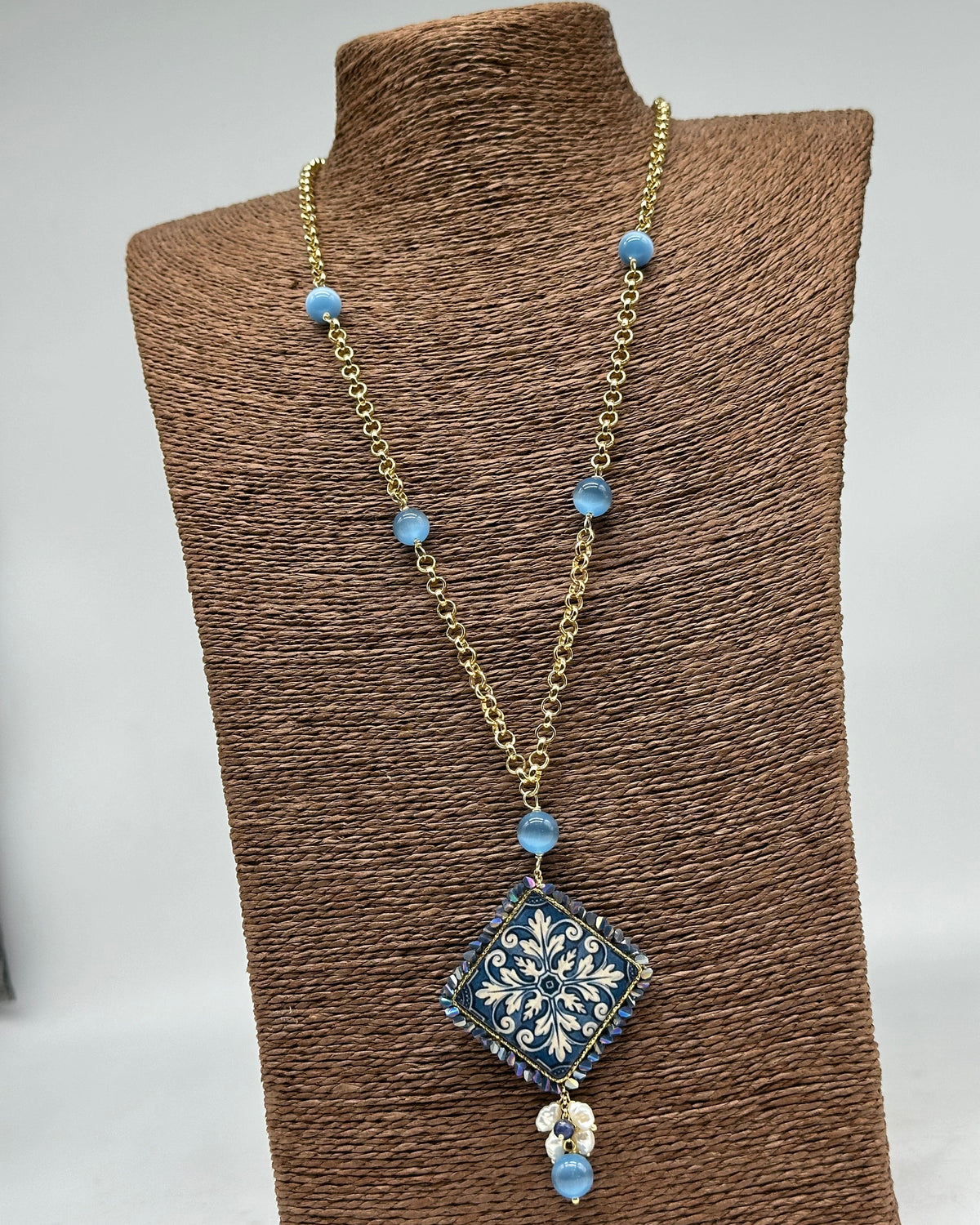 Collana Piastrella Ceramica di Caltagirone catena dorata con pietre V.3 - COLLANA